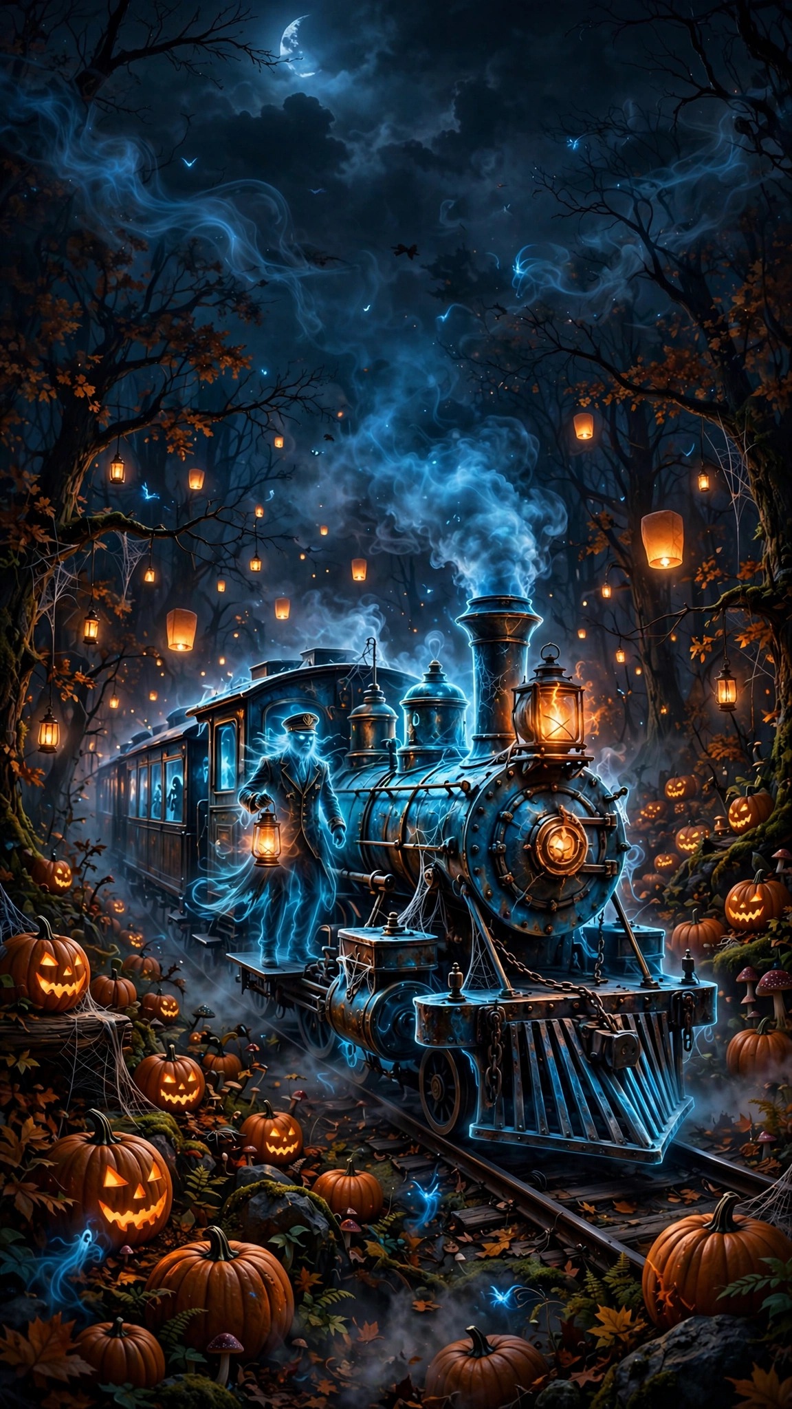 Ghost Train Pumpkin Forest scene, vertical halloween wallpaper