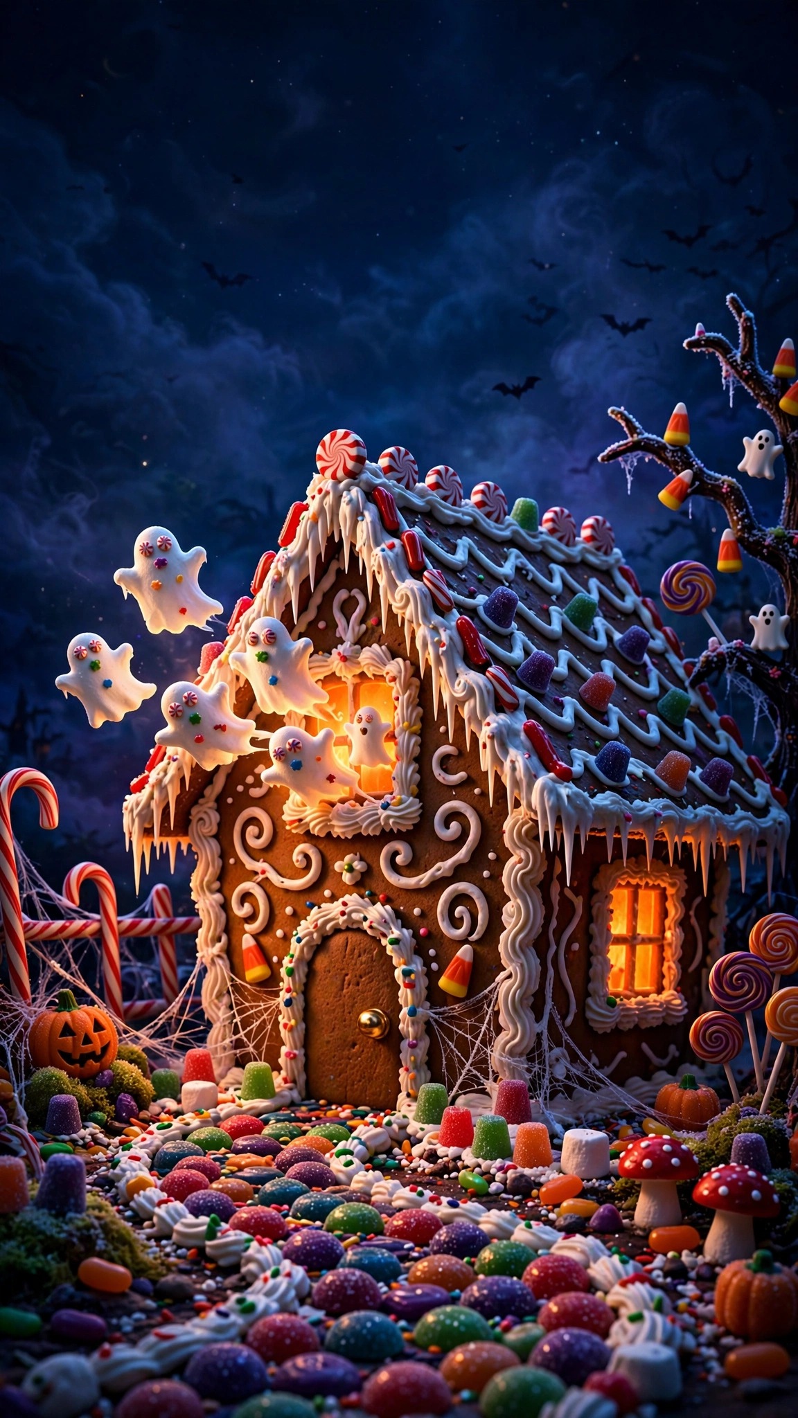 Haunted Gingerbread House Candy Ghosts scene, vertical halloween wallpaper