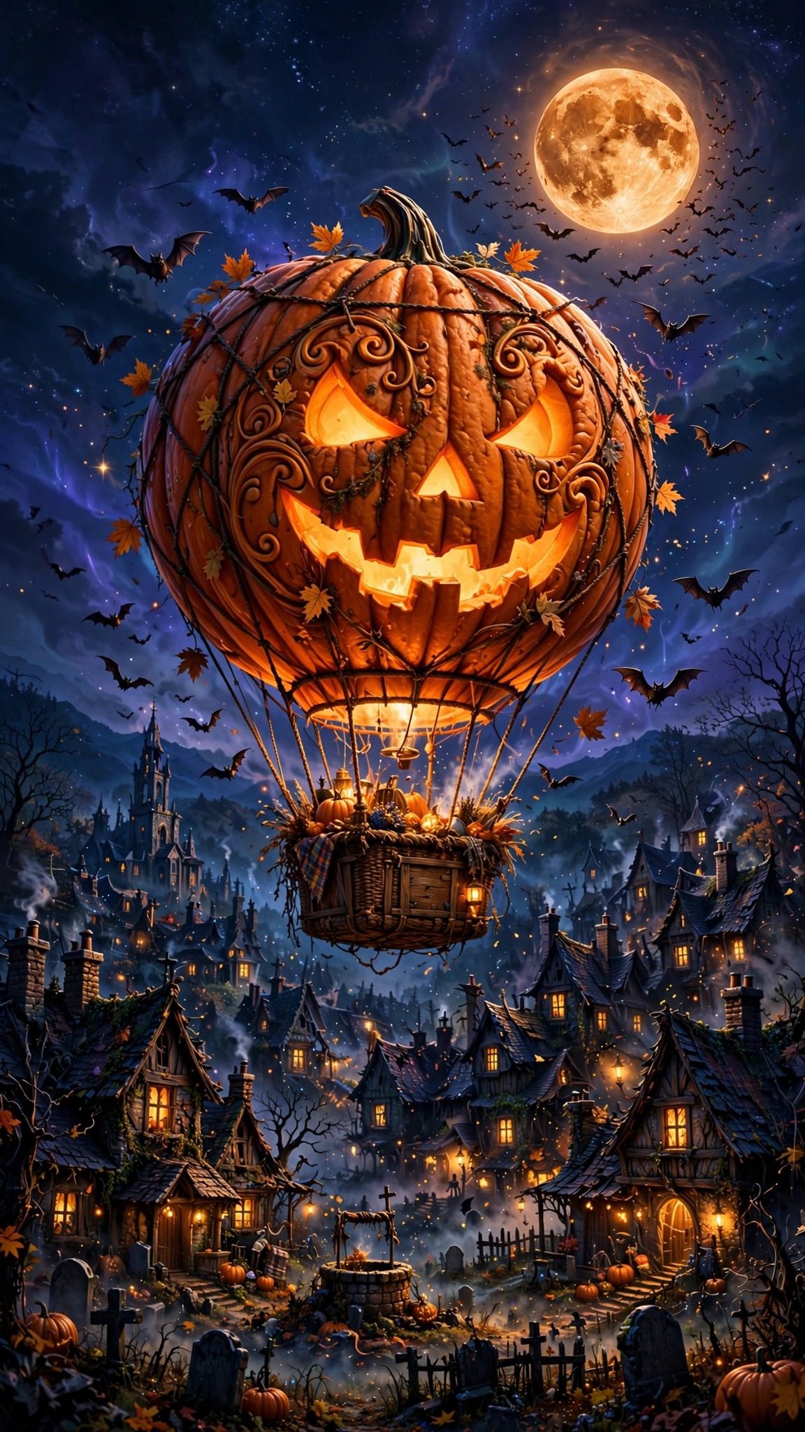 Jack-O-Lantern Balloon Haunted Village scene, vertical halloween wallpaper