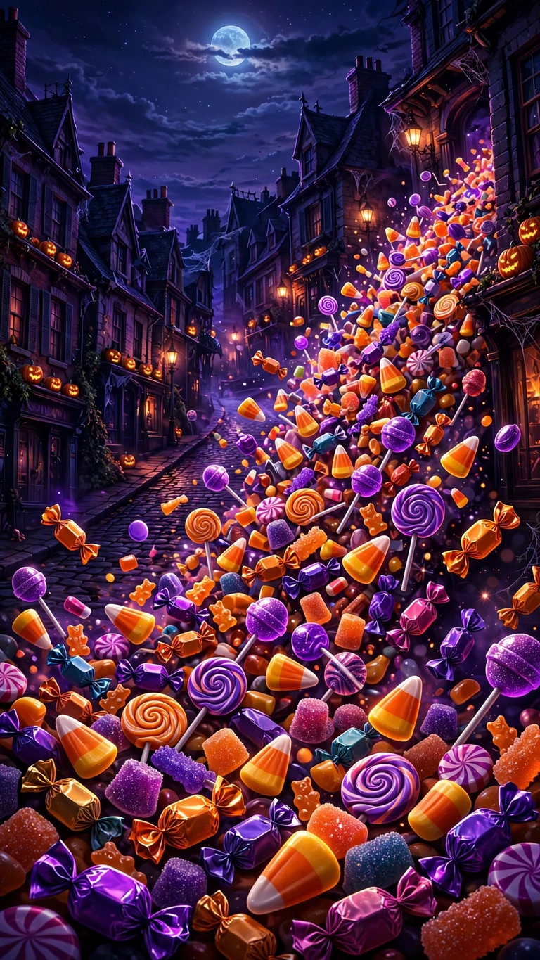 Trick-Or-Treat Candy Avalanche scene, vertical halloween wallpaper