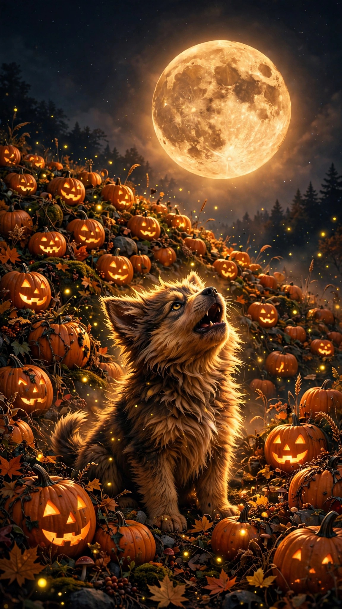 Werewolf Pup Harvest Moon scene, vertical halloween wallpaper