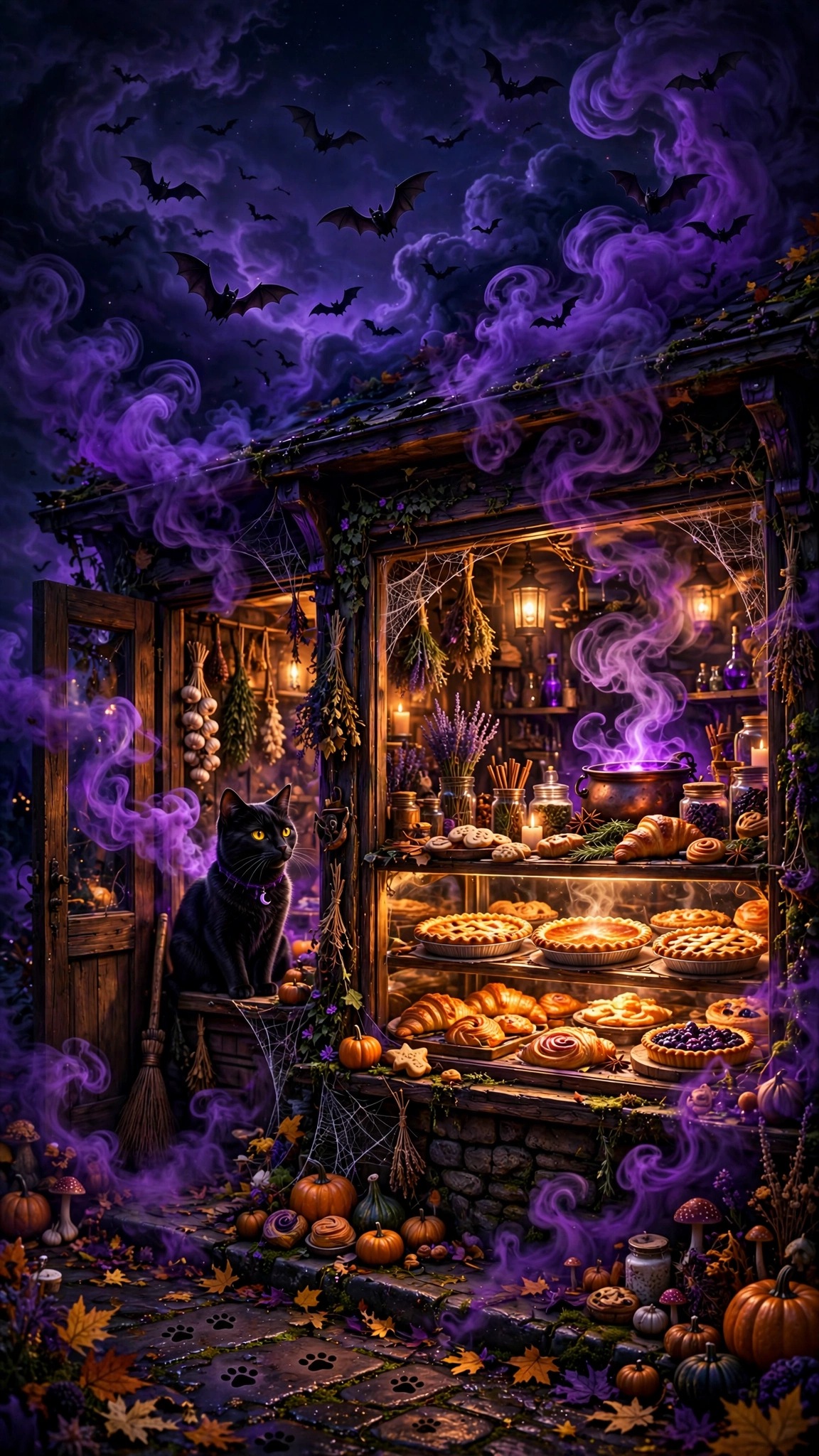 Witch Cat Bakery Glowing Pastries scene, vertical halloween wallpaper