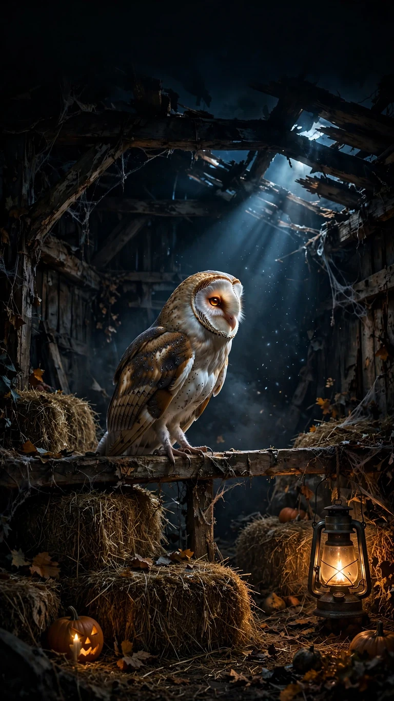 Barn owl with glowing amber eyes inside a spooky old barn at Halloween night - vertical phone wallpaper