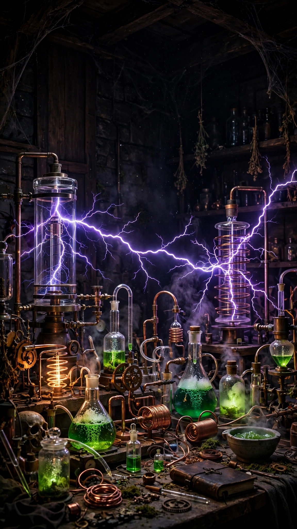 Mad scientist laboratory with violet lightning arcs over bubbling green flasks at night - vertical phone wallpaper