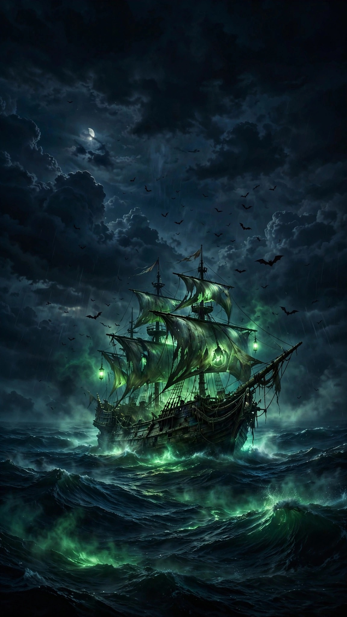 Ghost ship with glowing green sails on a moonlit sea under a bat-filled stormy sky - vertical phone wallpaper
