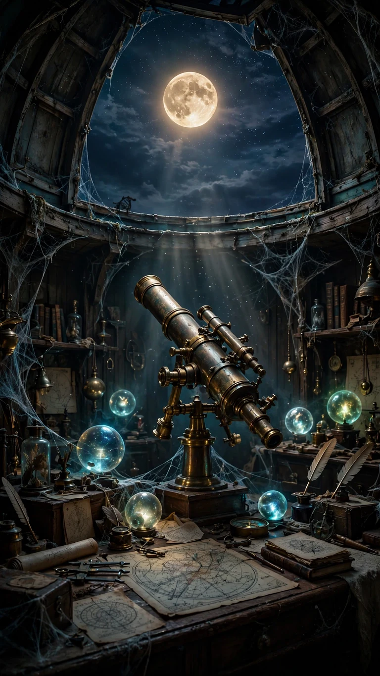 Haunted Victorian observatory with brass telescope aimed at a full moon - vertical phone wallpaper