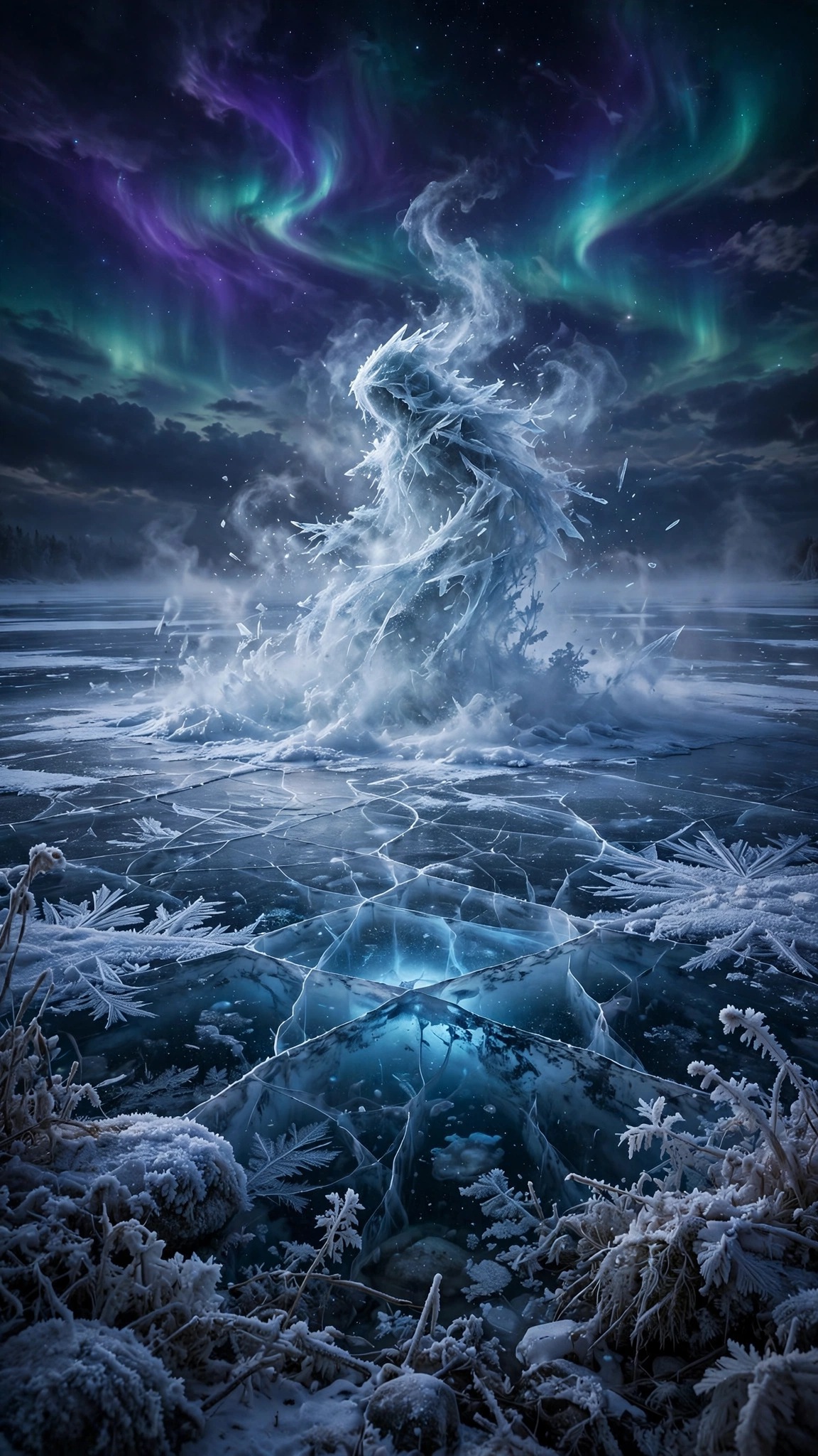 Ice wraith rising over a frozen lake under an aurora with cracked glowing ice - vertical phone wallpaper