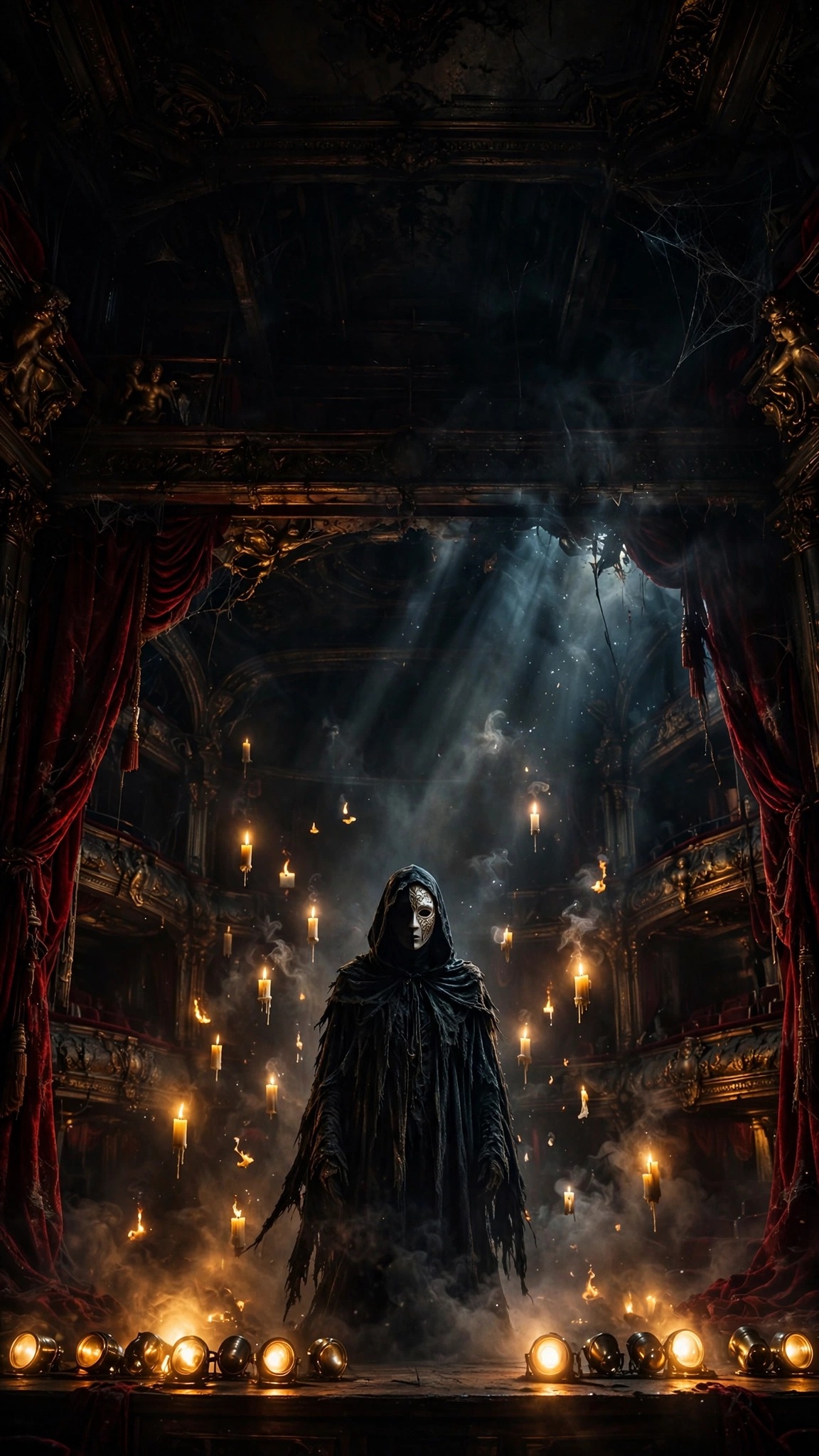 Masked phantom on stage in a haunted grand opera house with floating candles - vertical phone wallpaper