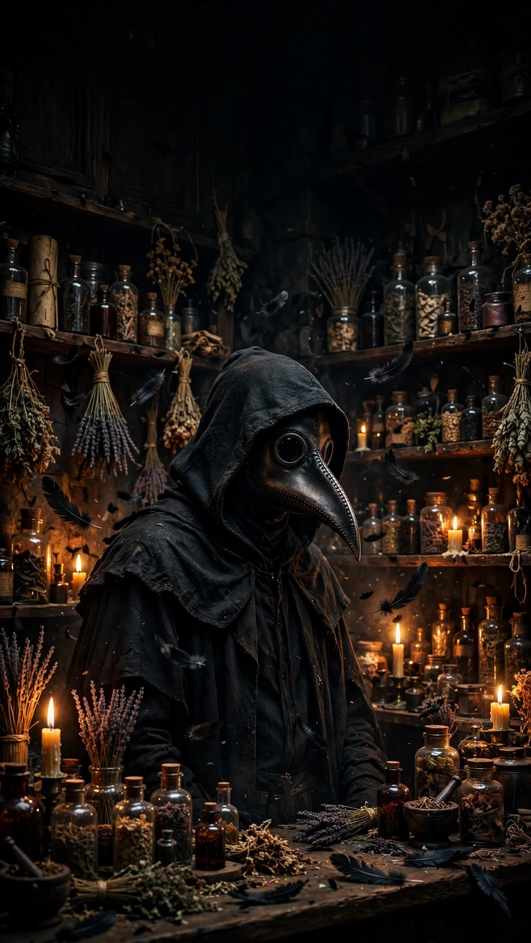 Plague doctor in beaked mask in a candlelit old apothecary with herbs and bottles - vertical phone wallpaper