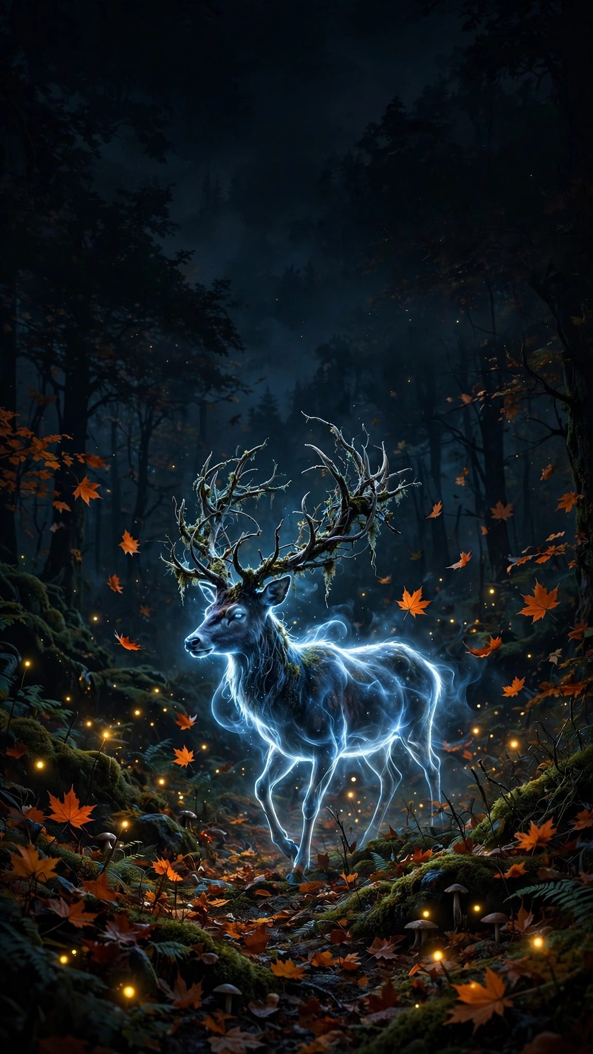 Spectral glowing stag with branch antlers in a moonlit autumn forest - vertical phone wallpaper