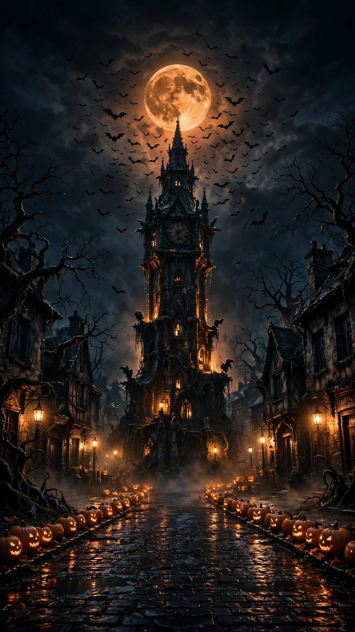 Haunted clocktower over a pumpkin-lit town square with bats and a harvest moon, Halloween phone wallpaper