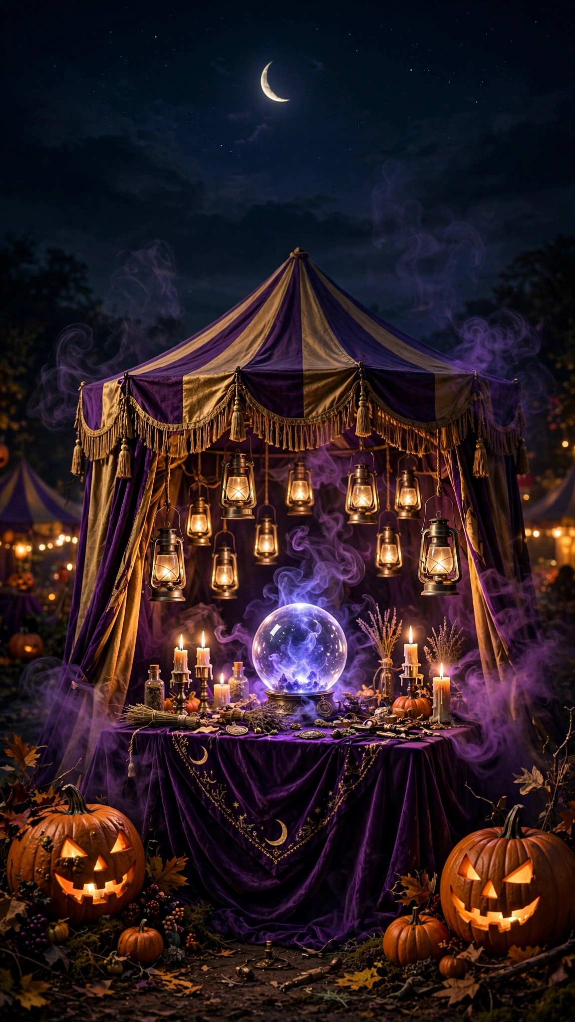 Mystic fortune teller tent with glowing crystal ball, lanterns and pumpkins at night