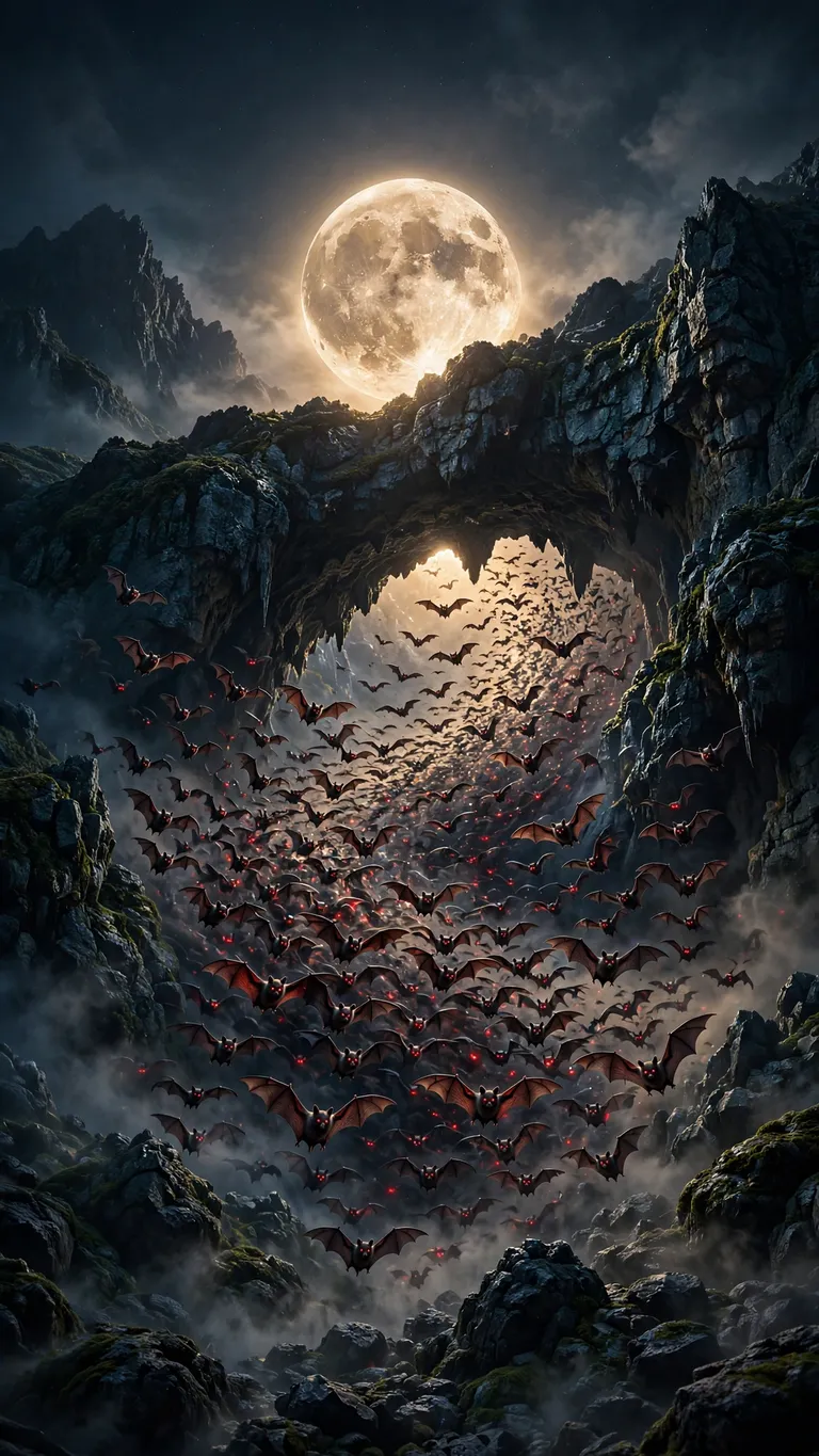 Bat colony with crimson eyes swirling from a moonlit cave under a full moon, halloween wallpaper
