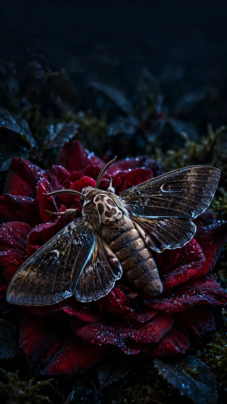 Death's-head hawkmoth with skull marking on dark crimson petals, halloween wallpaper