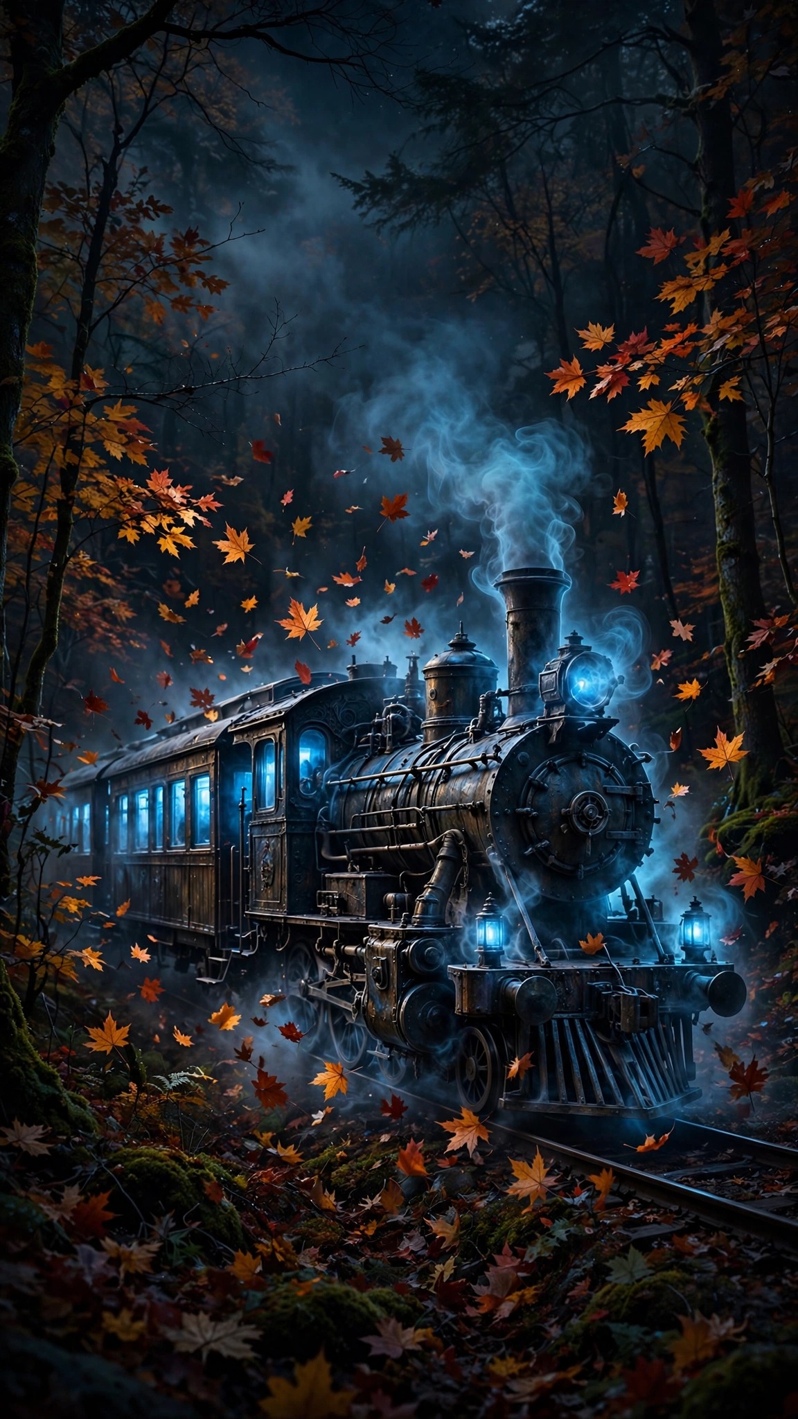 Spectral steam train gliding through a dark autumn forest at night, halloween wallpaper