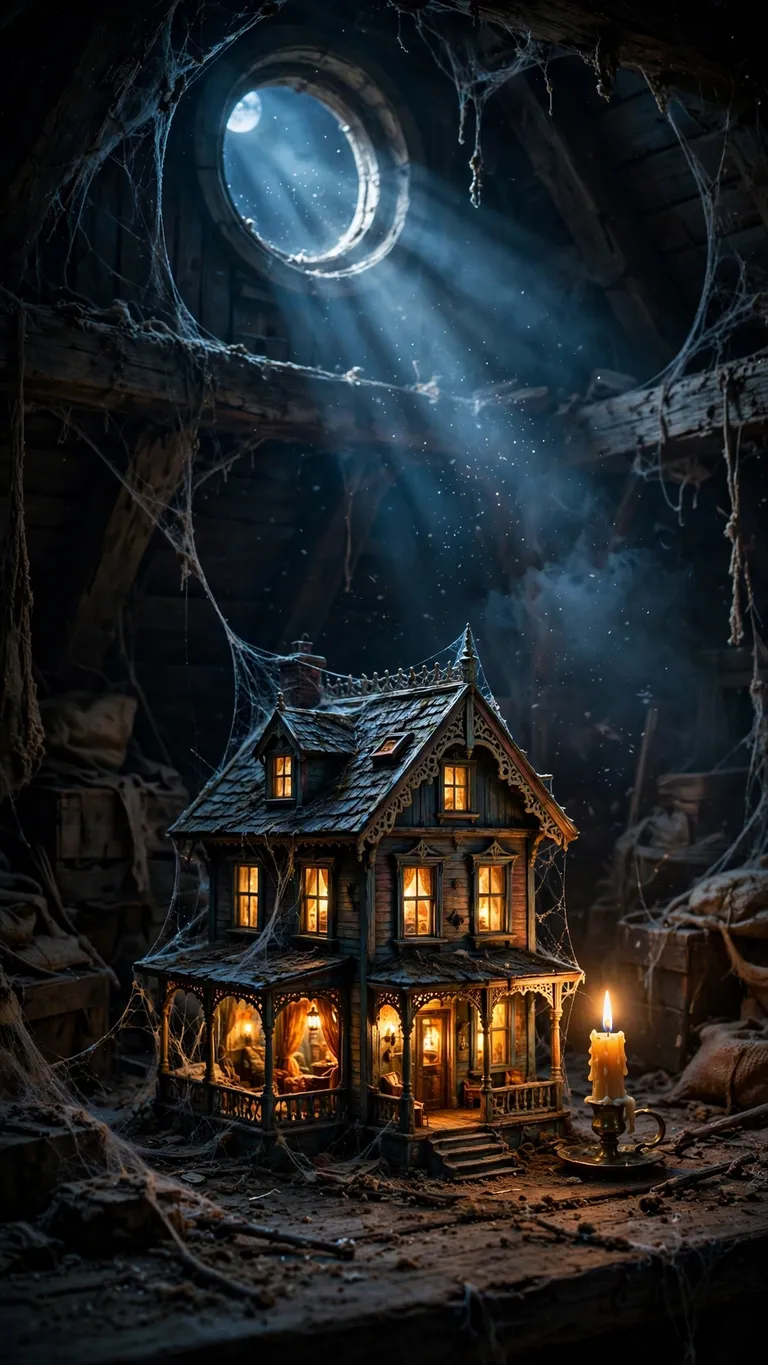 Haunted dollhouse glowing in a dark dusty attic with cobwebs and candlelight, halloween wallpaper