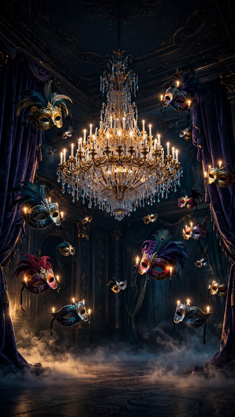 Haunted masquerade ballroom with floating masks and chandelier at midnight, halloween wallpaper