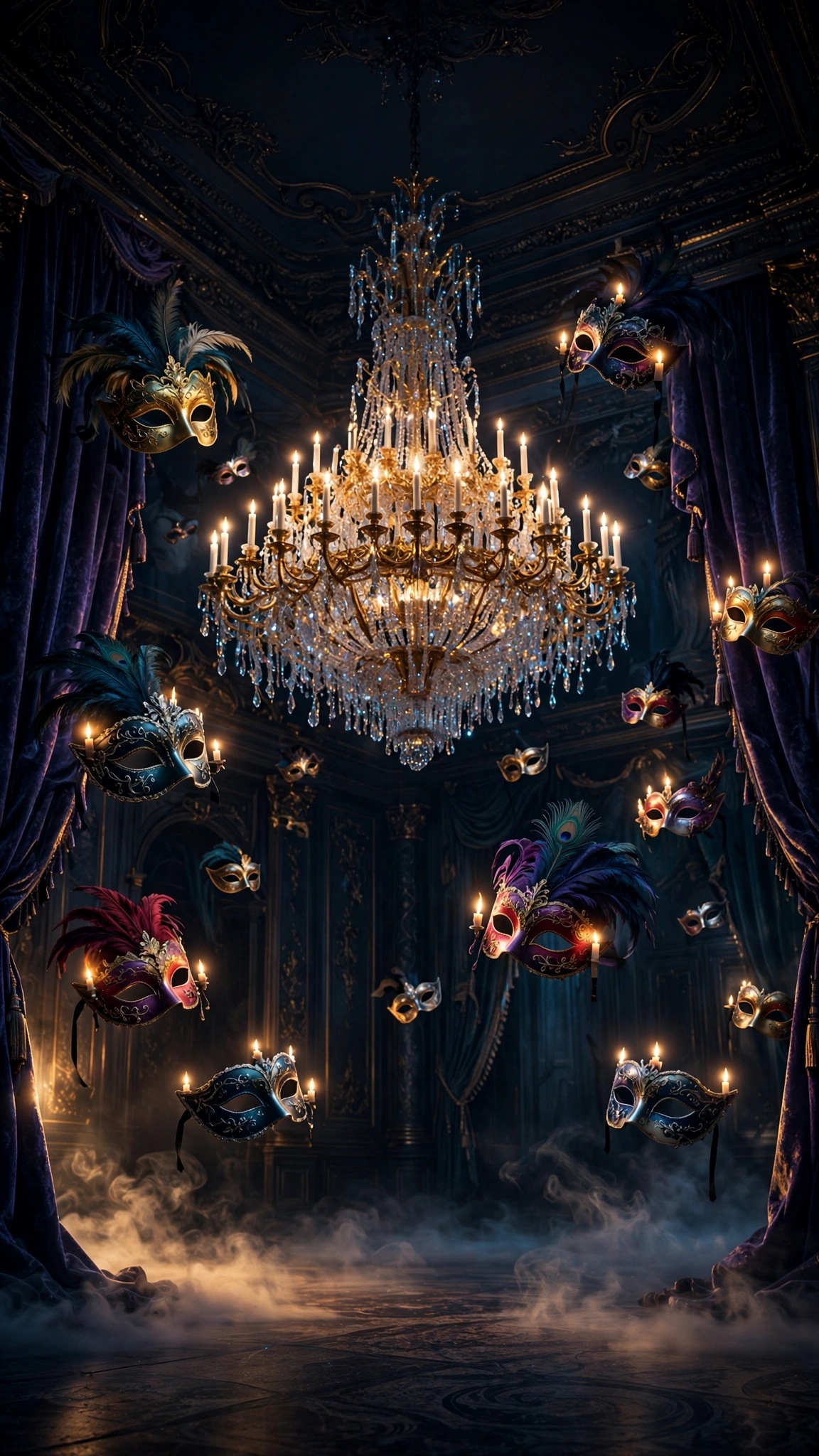 Haunted masquerade ballroom with floating masks and chandelier at midnight, halloween wallpaper