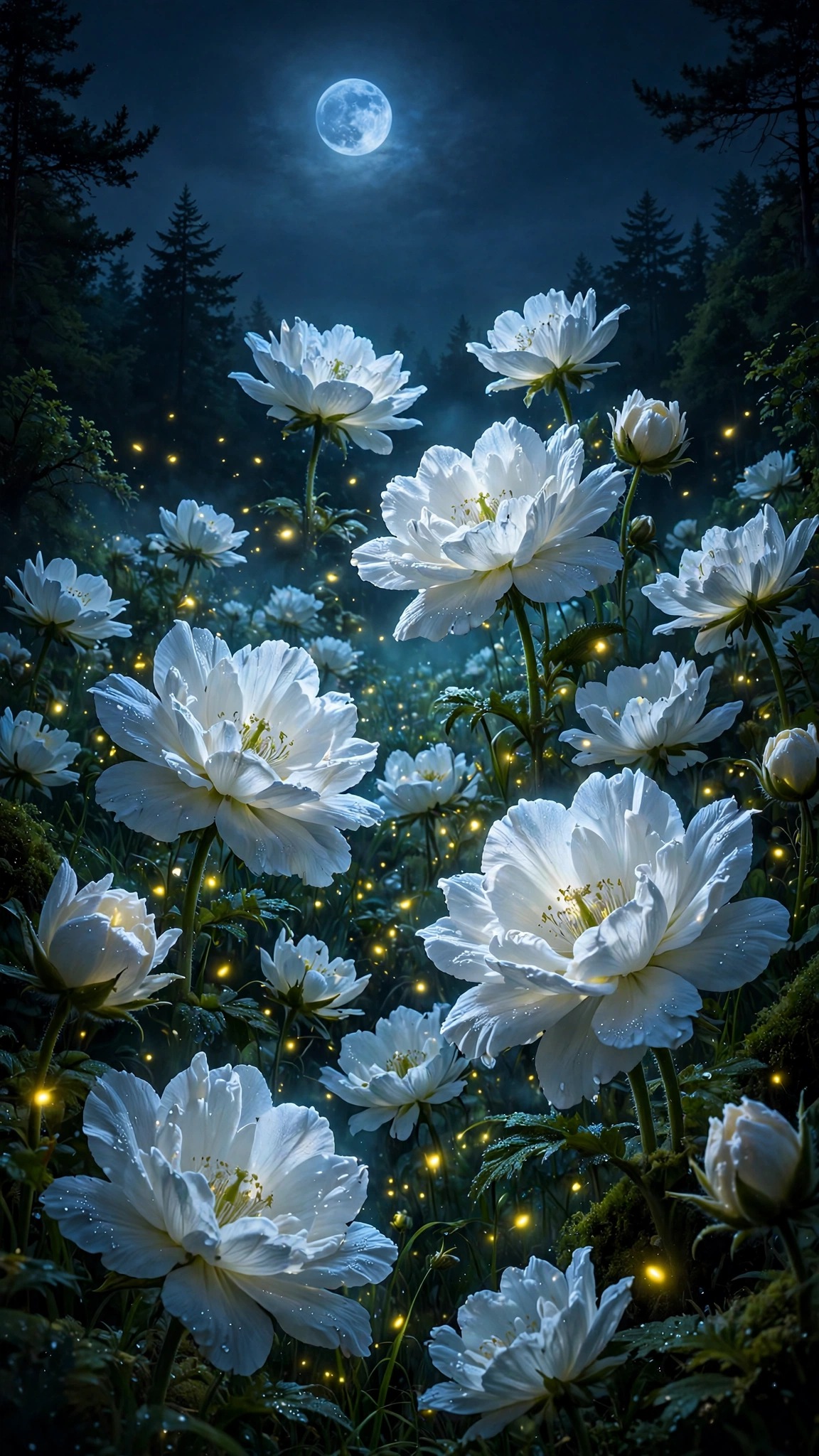 Glowing white moonflowers blooming in a midnight meadow under the moon, halloween wallpaper