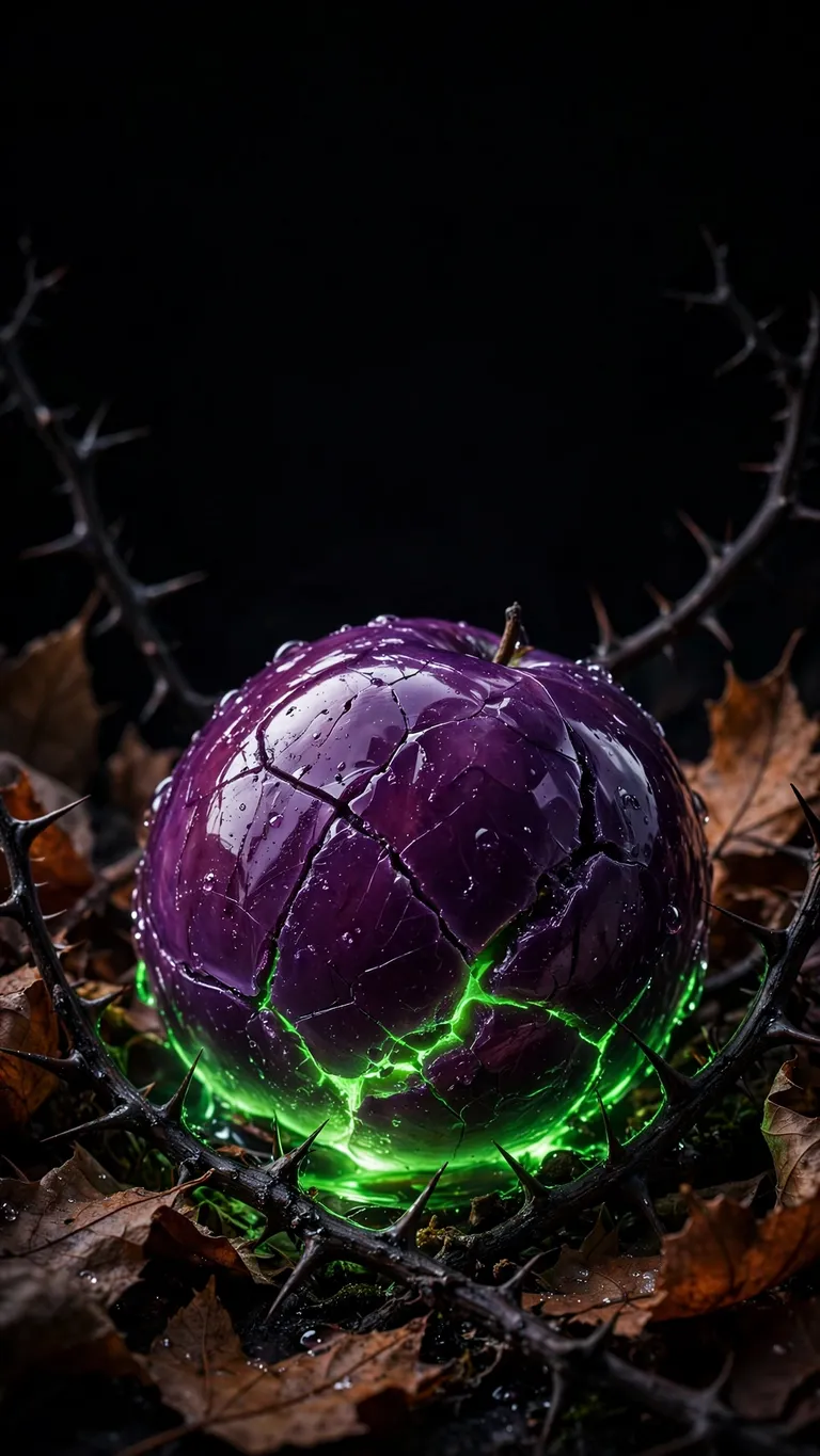 Glossy purple candy apple with green poison glow and thorns, halloween wallpaper