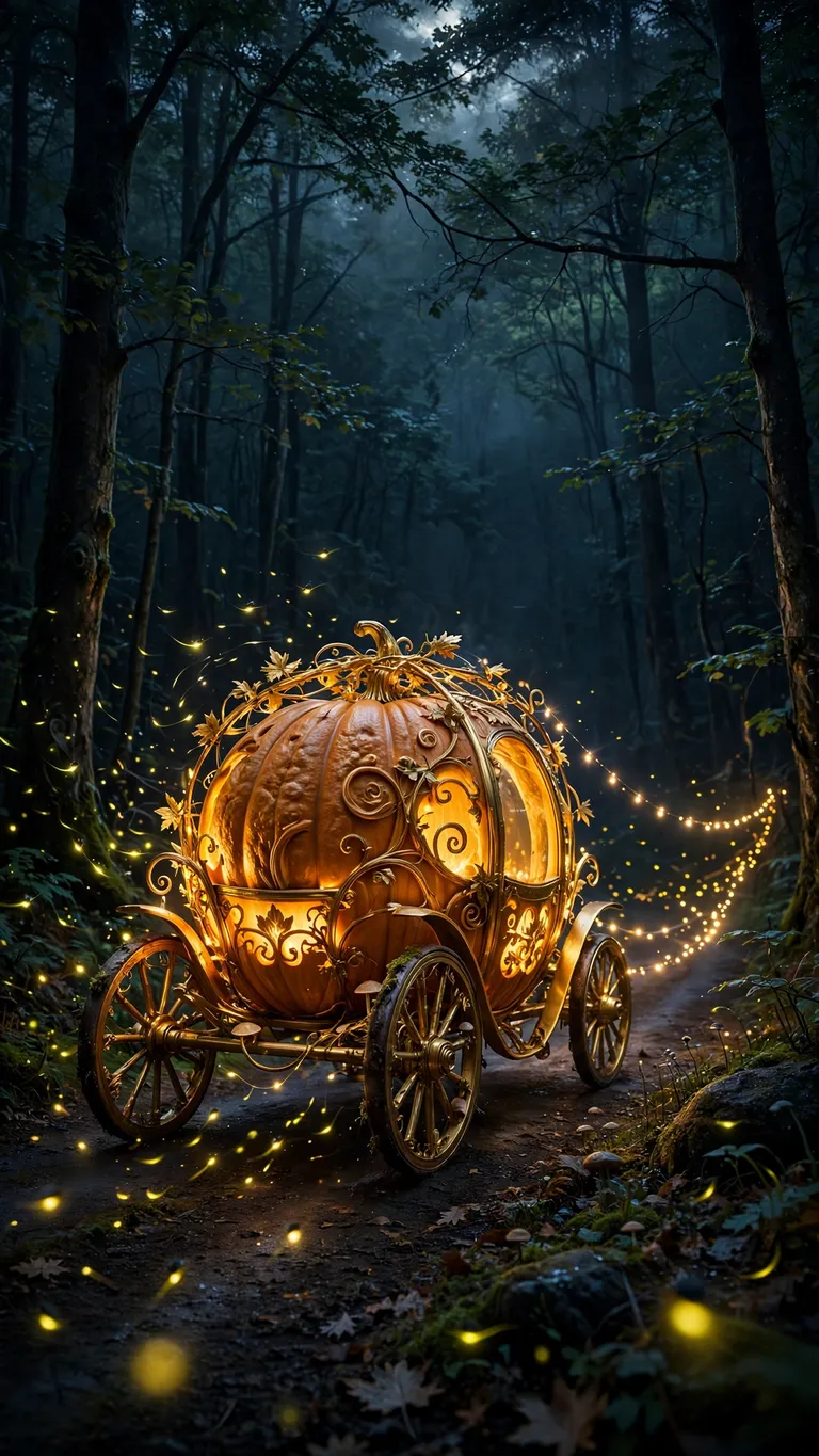 Glowing golden pumpkin carriage on a dark midnight forest road, halloween wallpaper