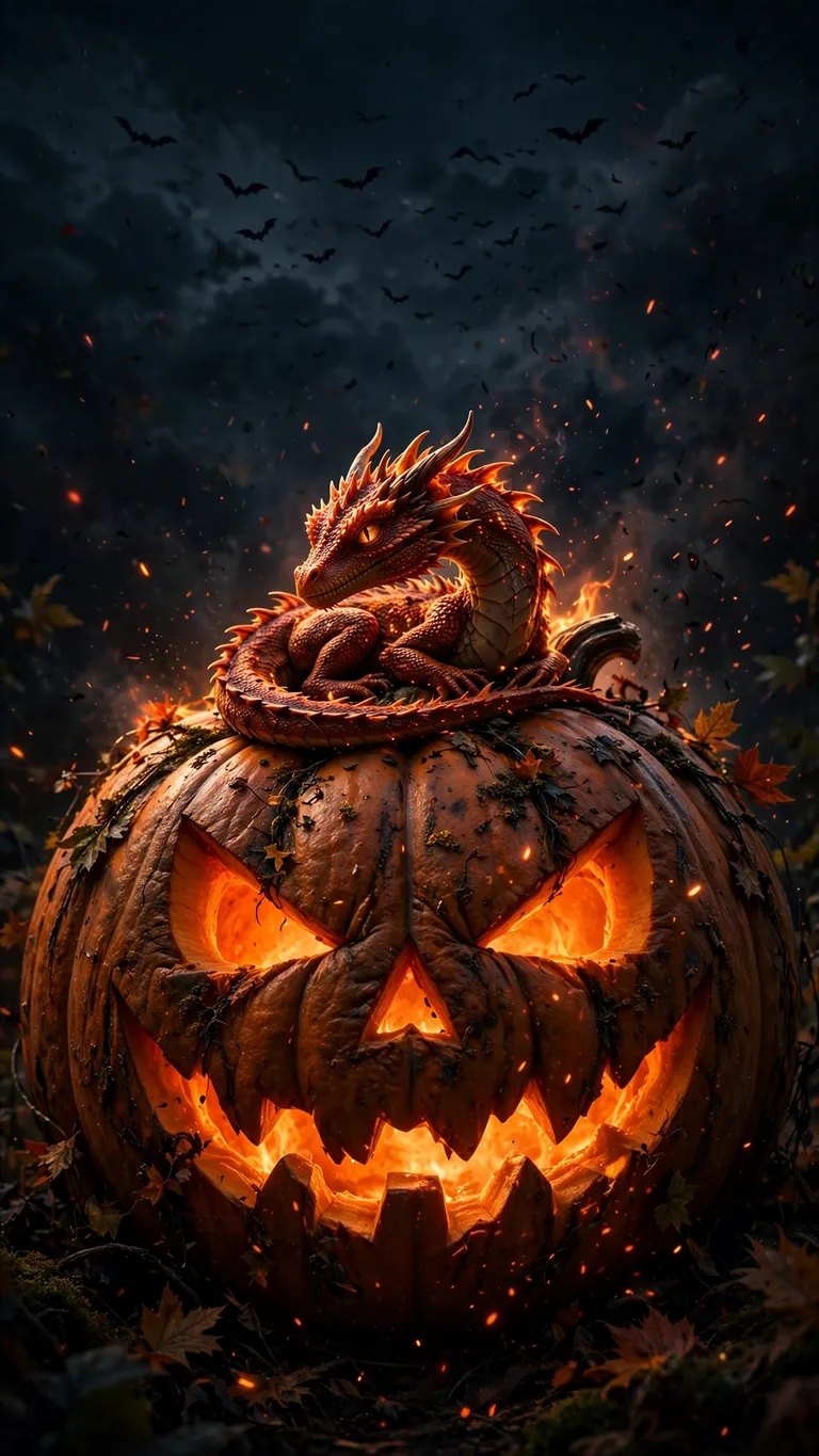 Fiery dragon curled on a giant glowing jack-o-lantern at night, halloween wallpaper