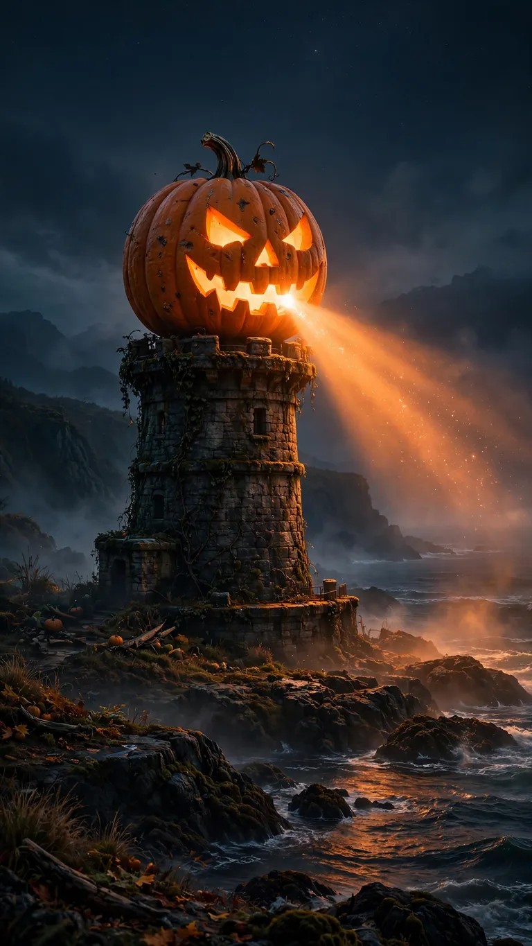 Pumpkin-headed lighthouse casting an orange beacon over a haunted coast, halloween wallpaper