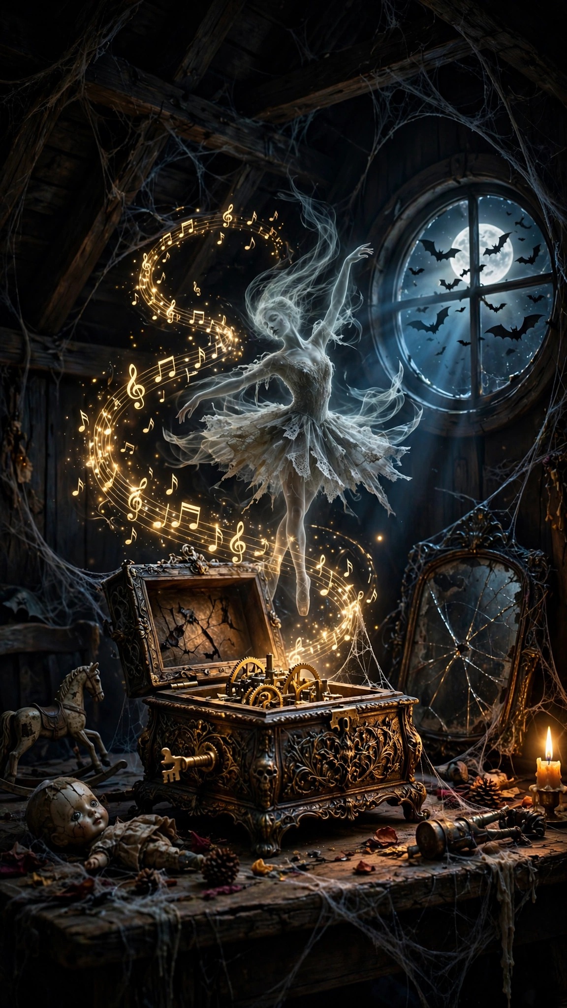 Ghostly ballerina dancing above a cursed music box, Halloween 9:16 wallpaper