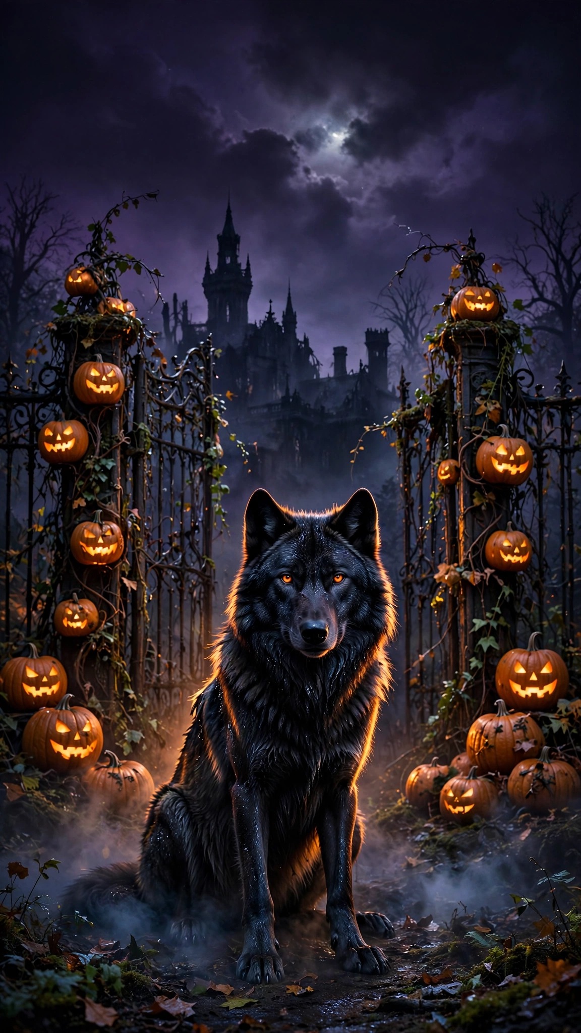 Black wolf with ember eyes guarding a pumpkin-wrapped iron gate, Halloween 9:16 wallpaper