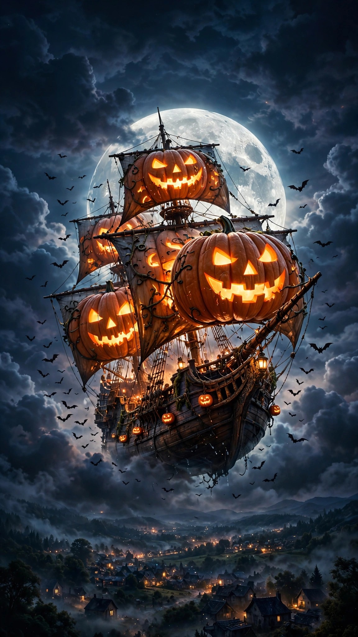 Flying galleon with glowing pumpkin sails soaring past the full moon over a village, vertical Halloween wallpaper