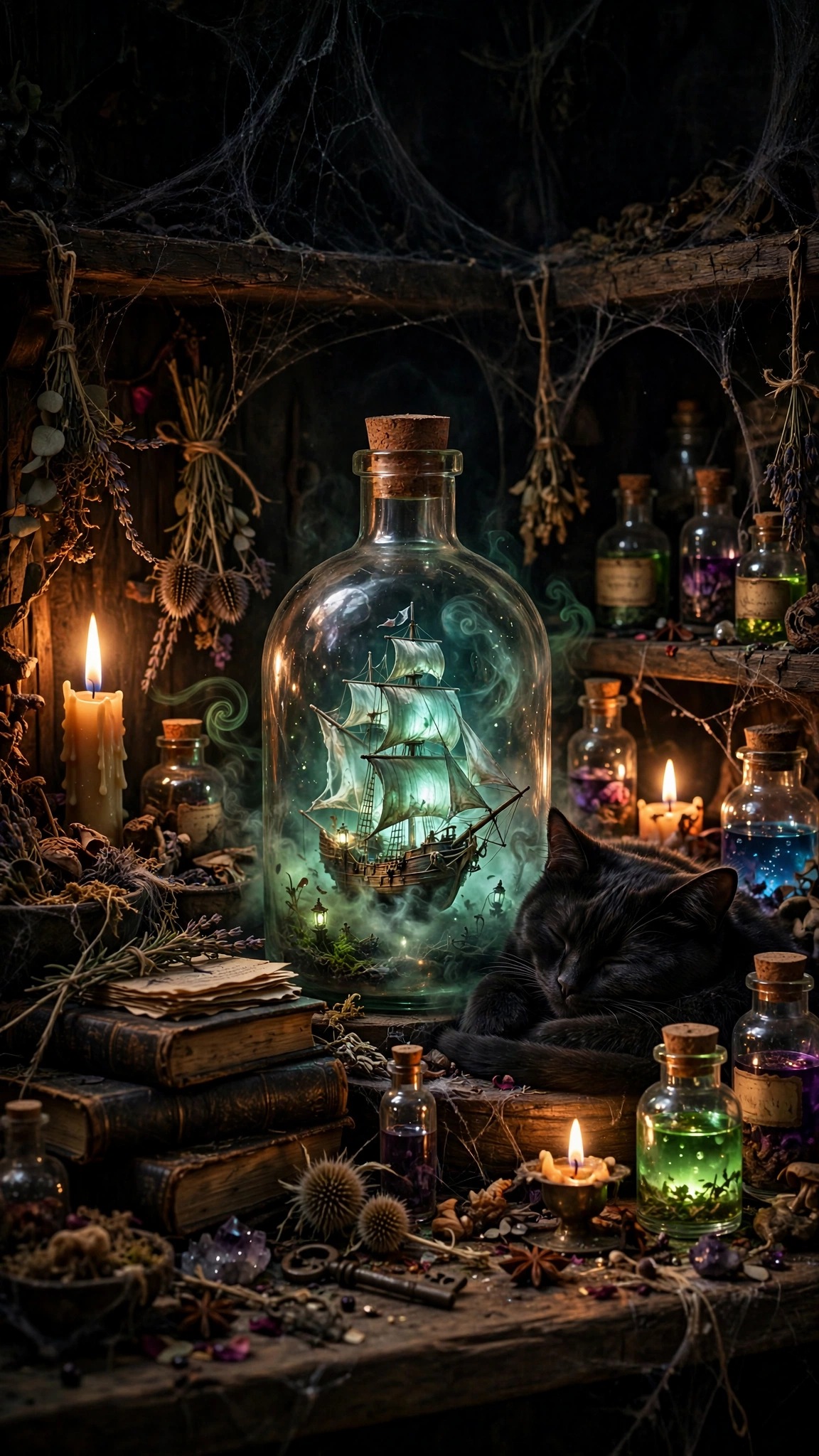 Glowing ghost ship in a bottle on a witch's shelf, Halloween 9:16 wallpaper