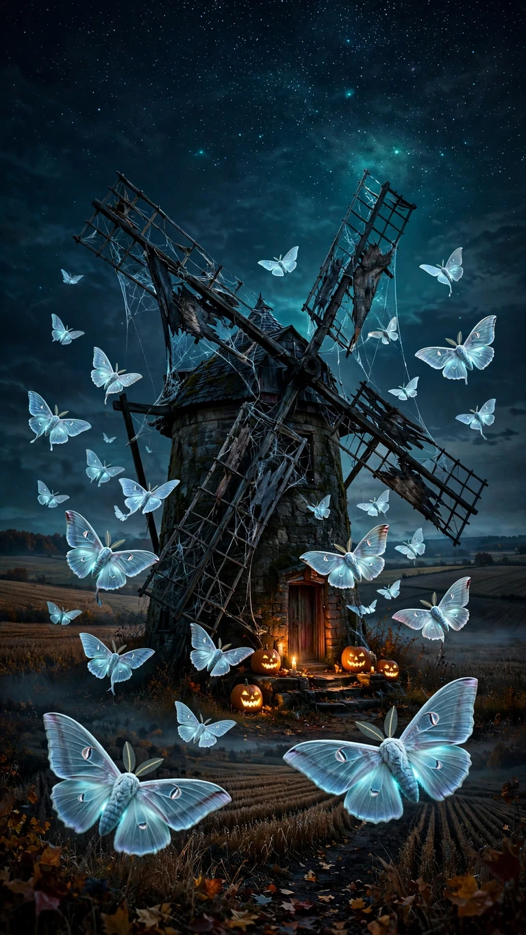 Glowing moon moths swarming around a haunted windmill at night, Halloween 9:16 wallpaper