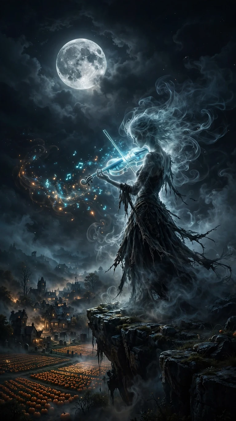 Ghost violinist playing a glowing violin on a moonlit cliff over pumpkin fields, vertical Halloween wallpaper