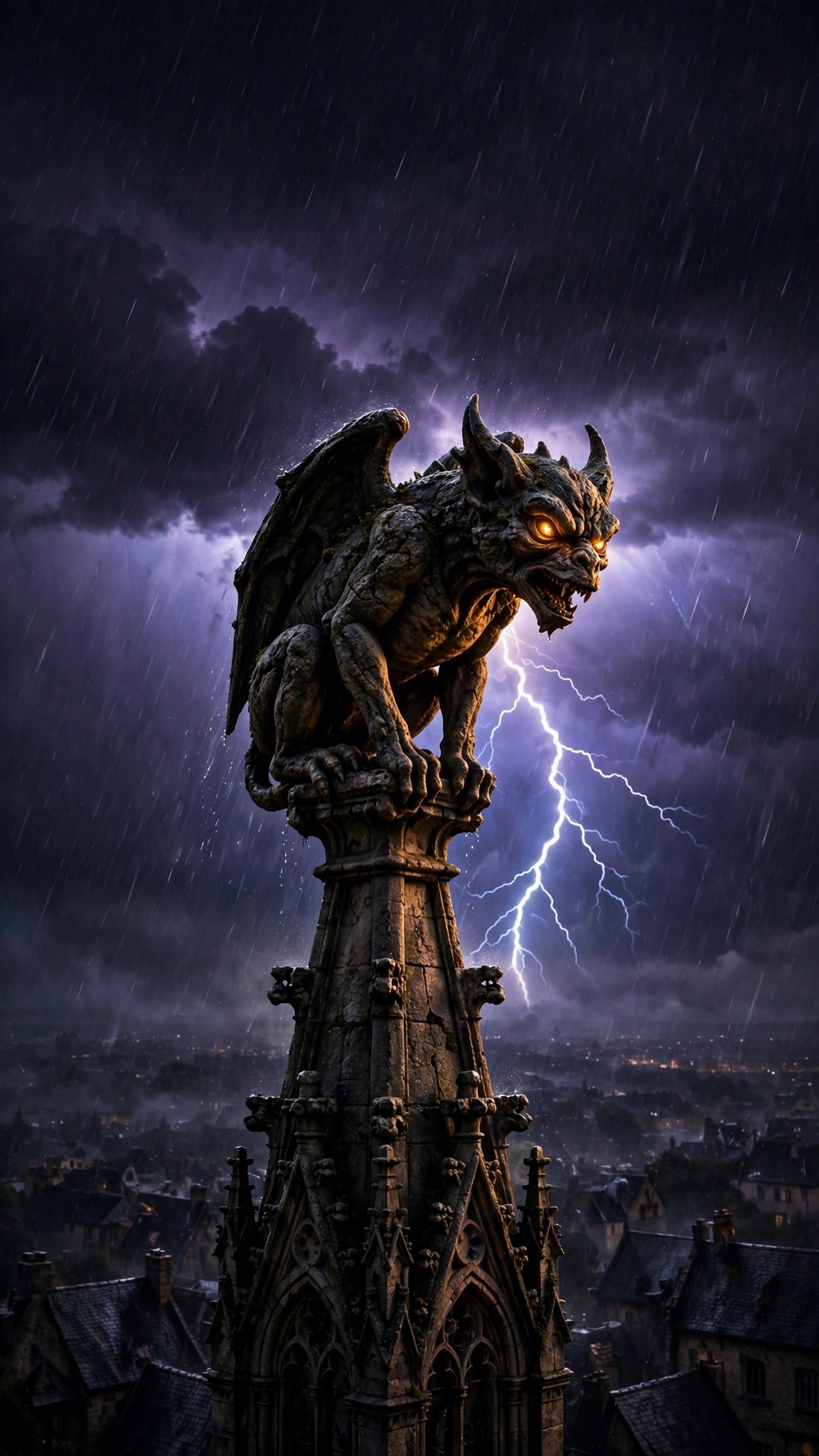 Stone gargoyle with glowing eyes on a cathedral spire in a lightning storm, vertical Halloween wallpaper