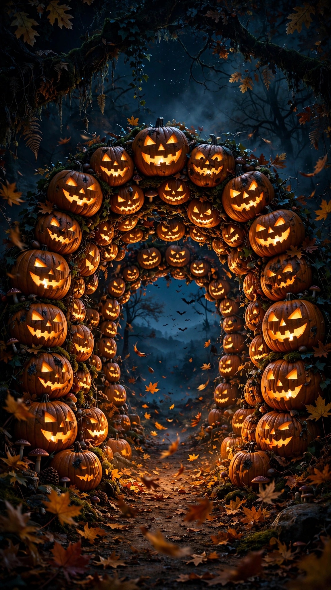 Tunnel archway of glowing jack-o-lantern pumpkins over an autumn path, vertical Halloween wallpaper