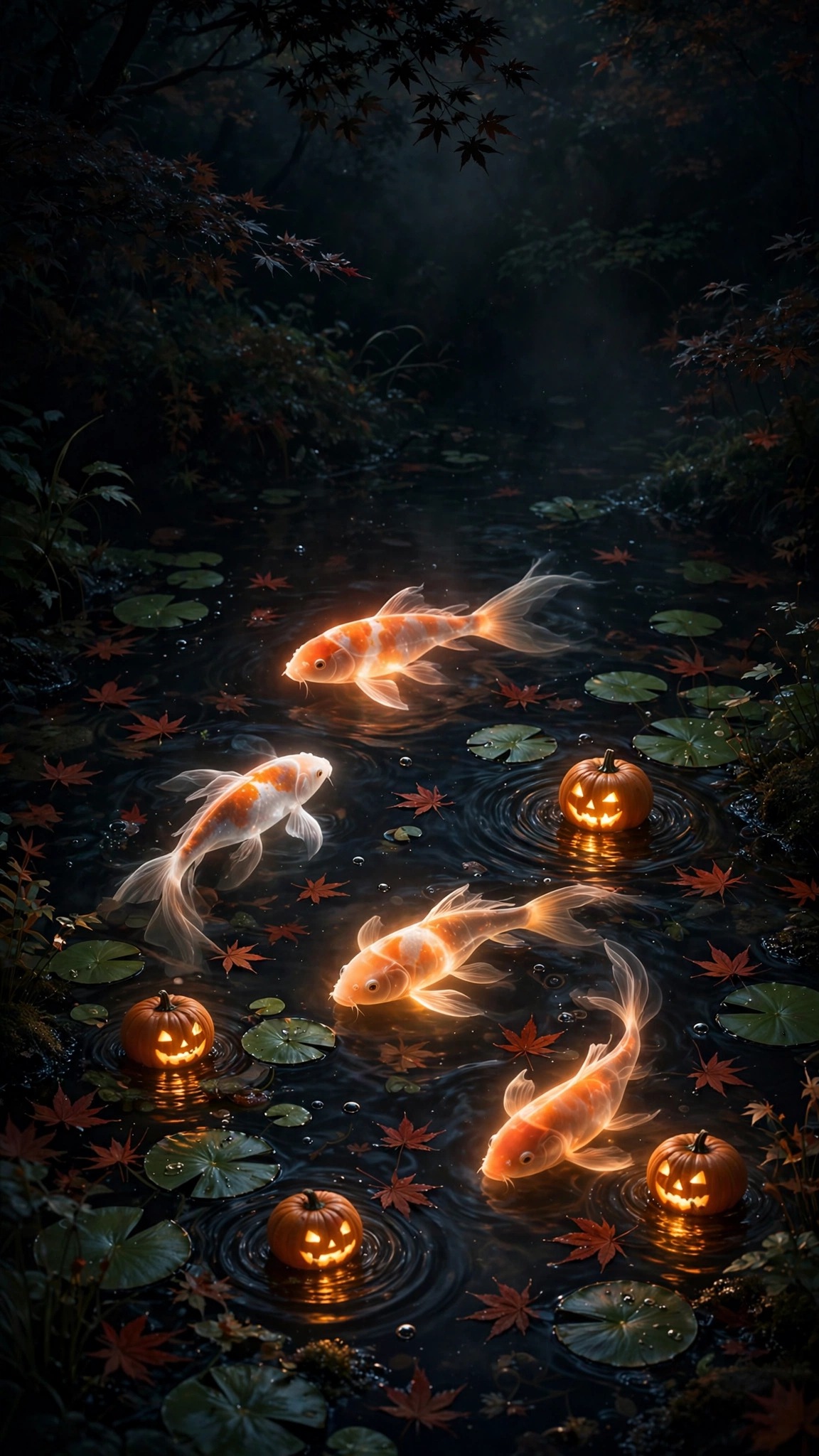 Glowing spectral koi fish in a dark autumn pond with jack-o-lantern reflections, vertical Halloween wallpaper