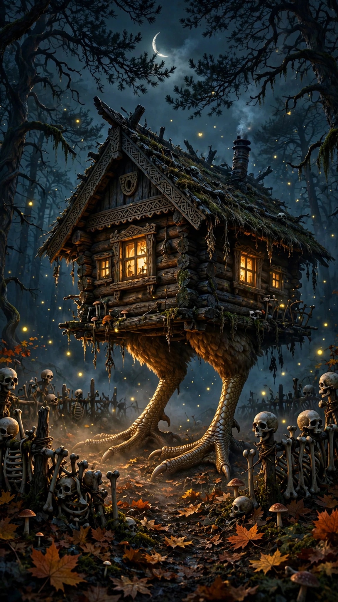 Baba Yaga hut on giant chicken legs in a dark autumn forest at night, vertical Halloween wallpaper