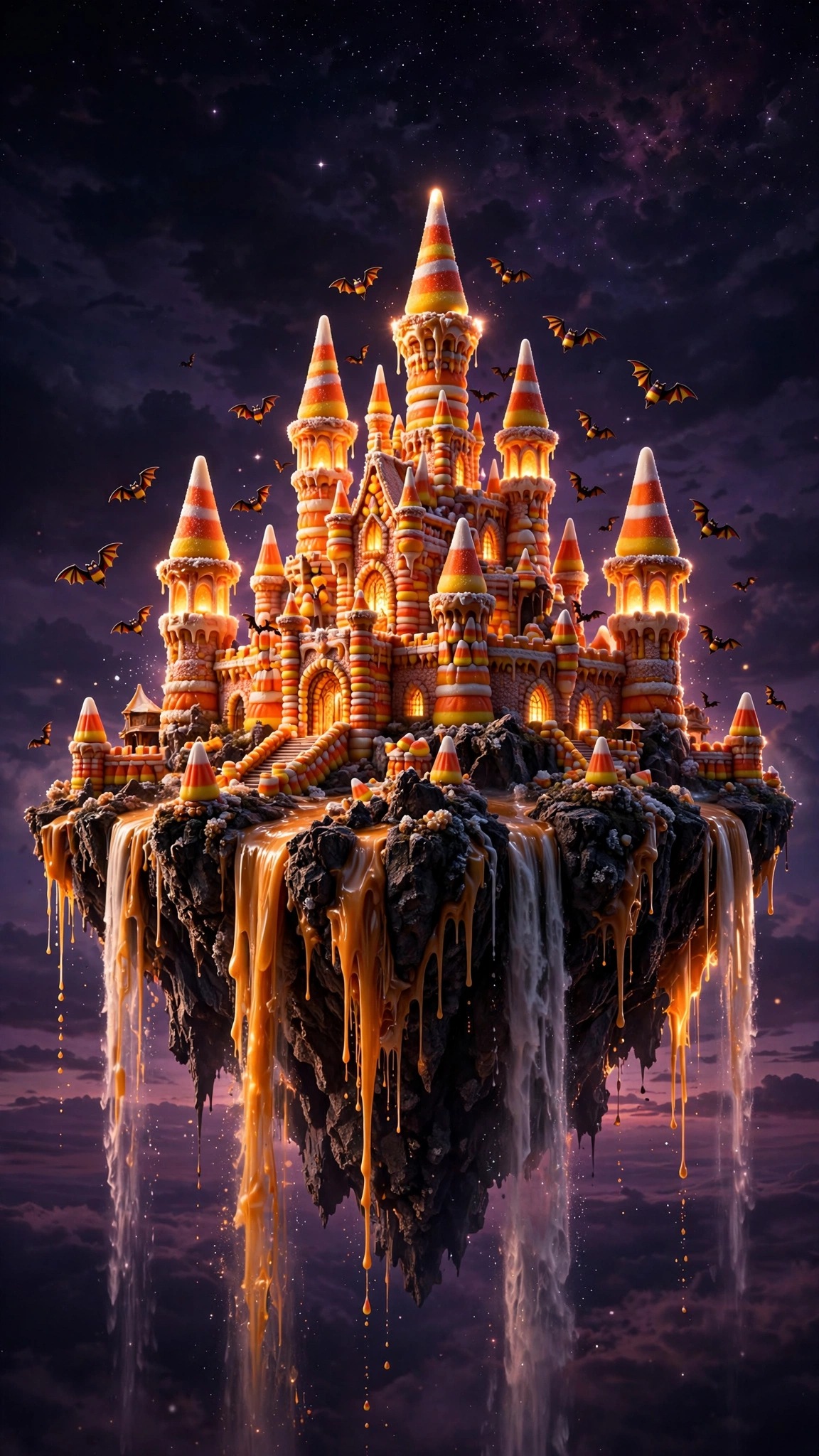 Candy corn castle floating on a rocky island with candy waterfalls and candy bats, vertical Halloween wallpaper