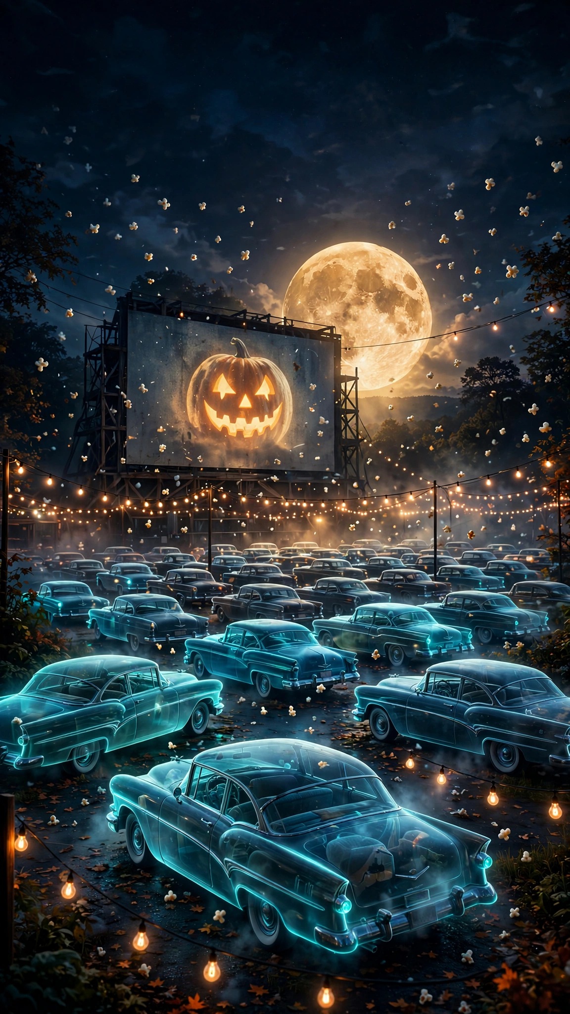 1950s ghost drive-in cinema with vintage cars and pumpkin moon on screen, vertical Halloween wallpaper
