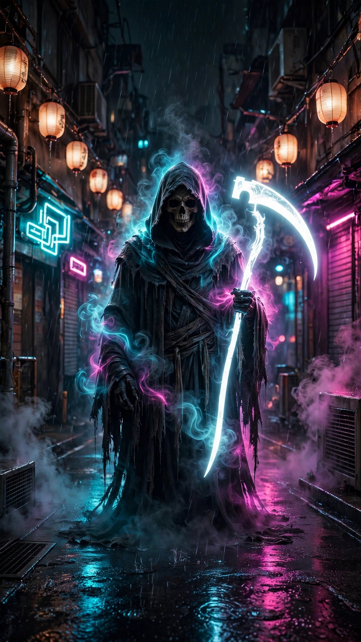 Hooded grim reaper with glowing scythe in a rainy neon Tokyo alley, vertical Halloween wallpaper