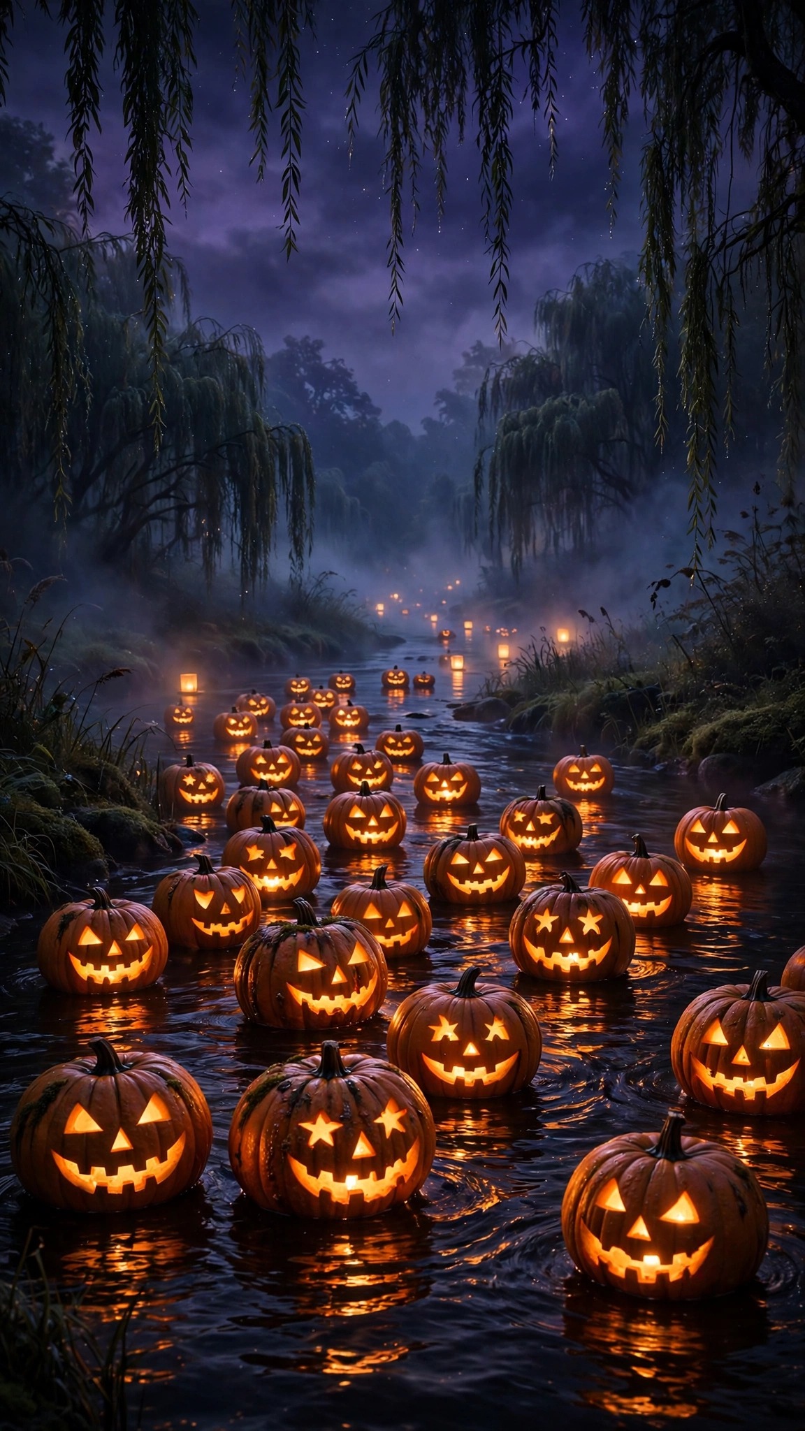 Carved glowing jack-o'-lanterns floating down a misty twilight river, Halloween wallpaper