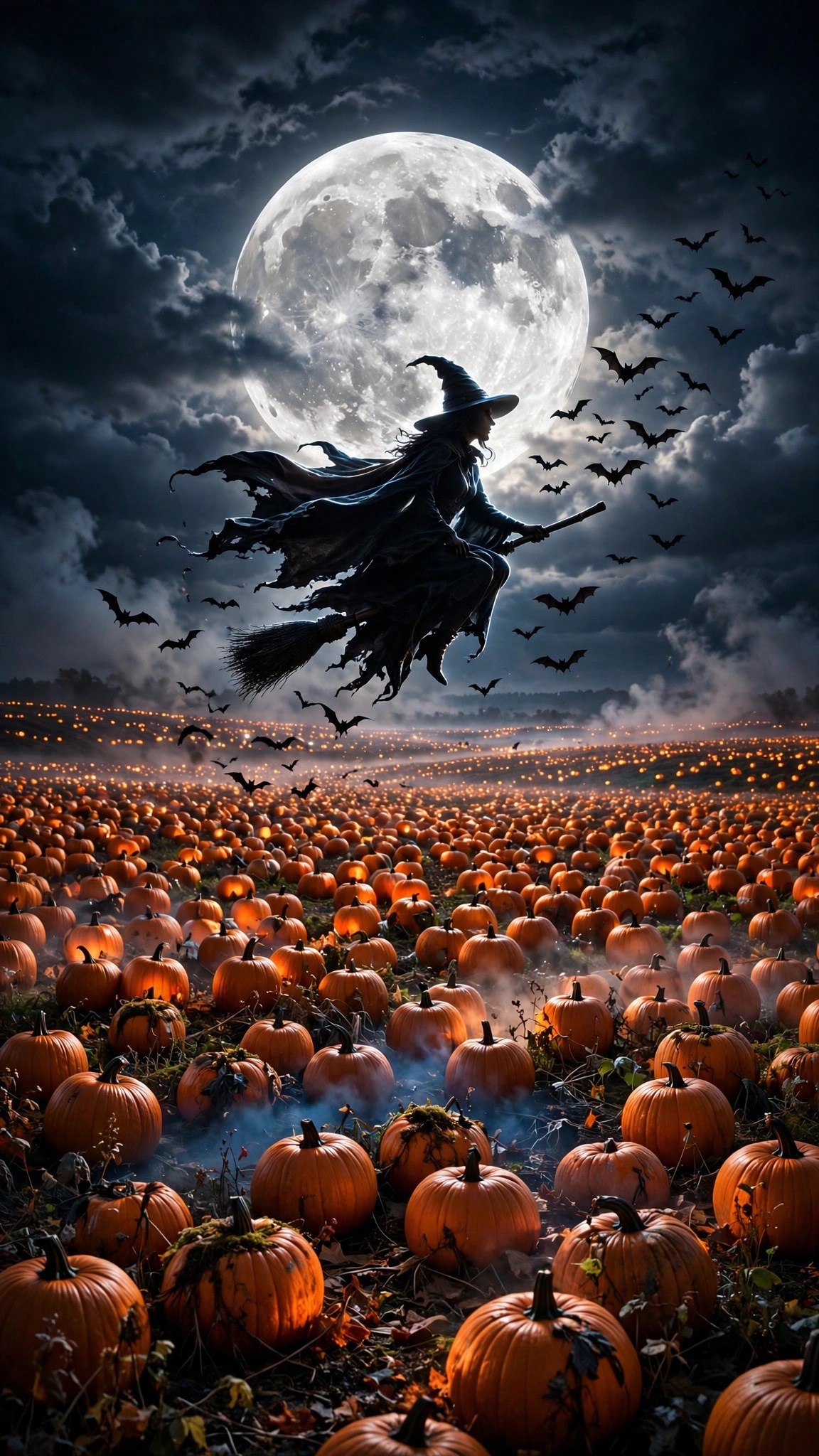 Witch on broomstick flying over a moonlit pumpkin patch under a giant full moon, Halloween wallpaper