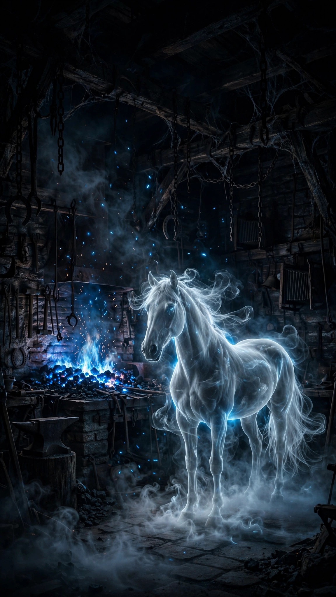 Spectral ghost horse in a haunted blacksmith forge with blue embers, Halloween wallpaper