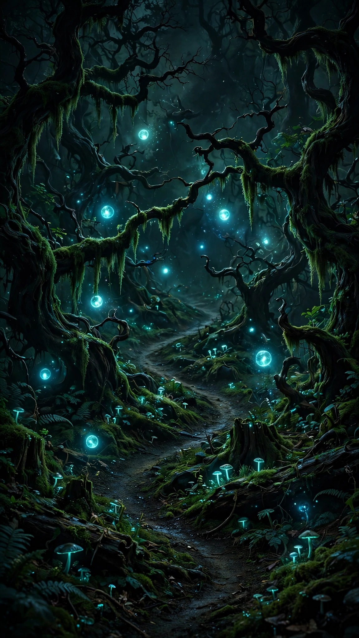 Glowing will-o'-the-wisp orbs in a dark twisted forest path, Halloween wallpaper