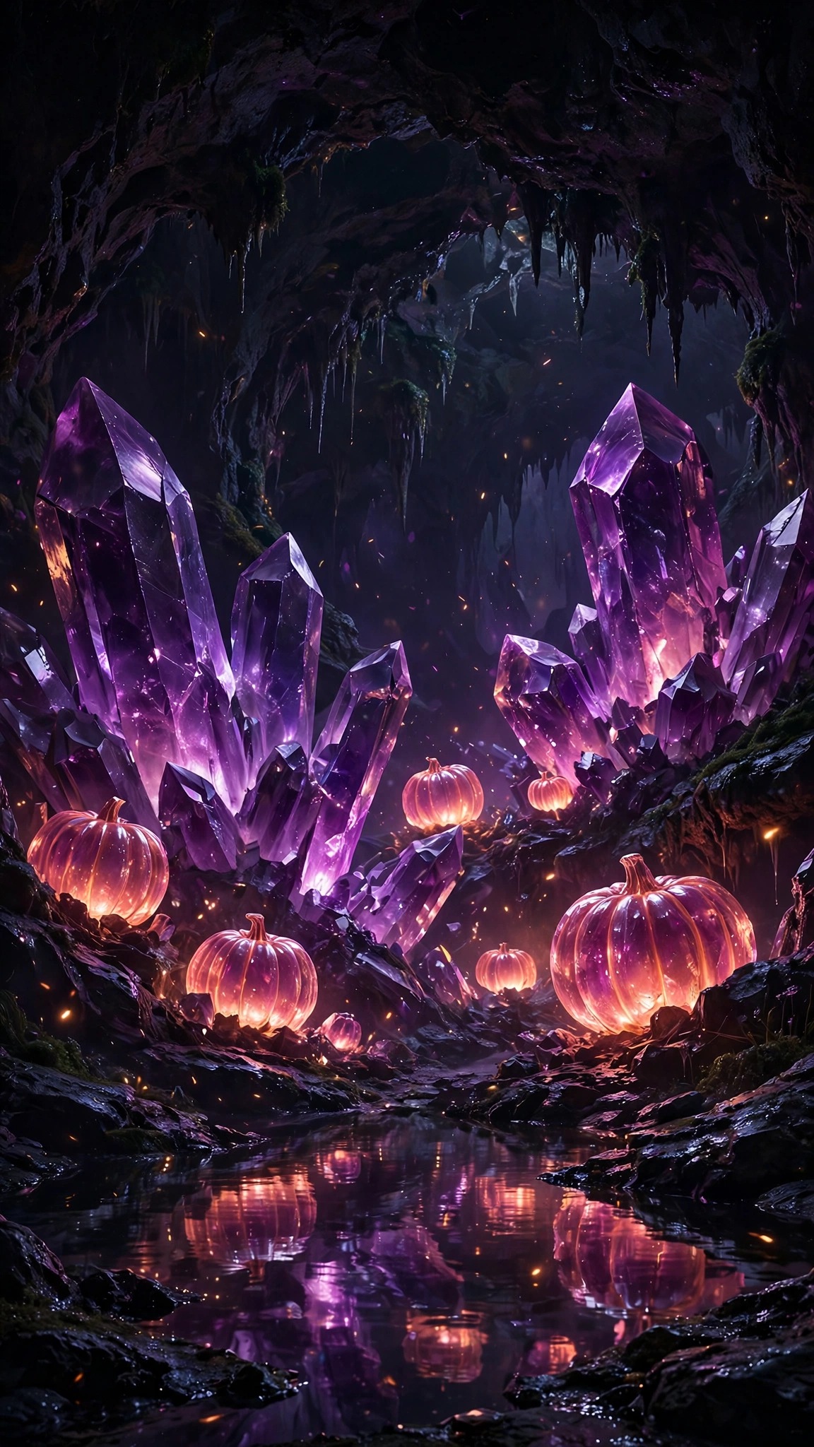 Glowing amethyst crystal cave with luminous crystal pumpkins, vertical Halloween wallpaper