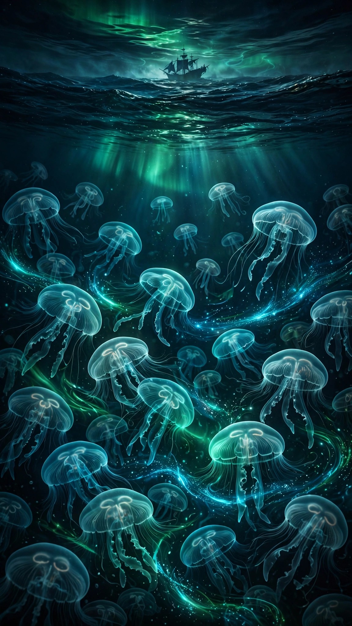 Ghost Jellyfish Aurora Depths - free Halloween phone wallpaper download