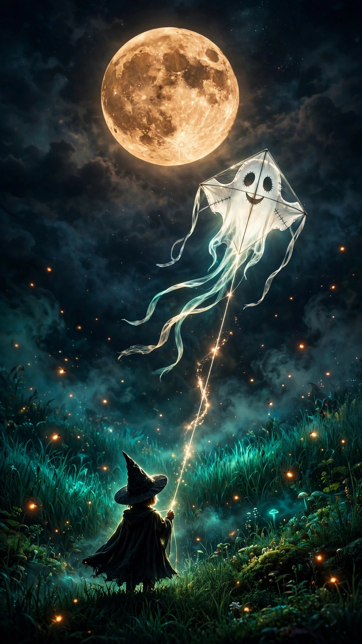 Ghost Kite Midnight Meadow - free Halloween phone wallpaper download