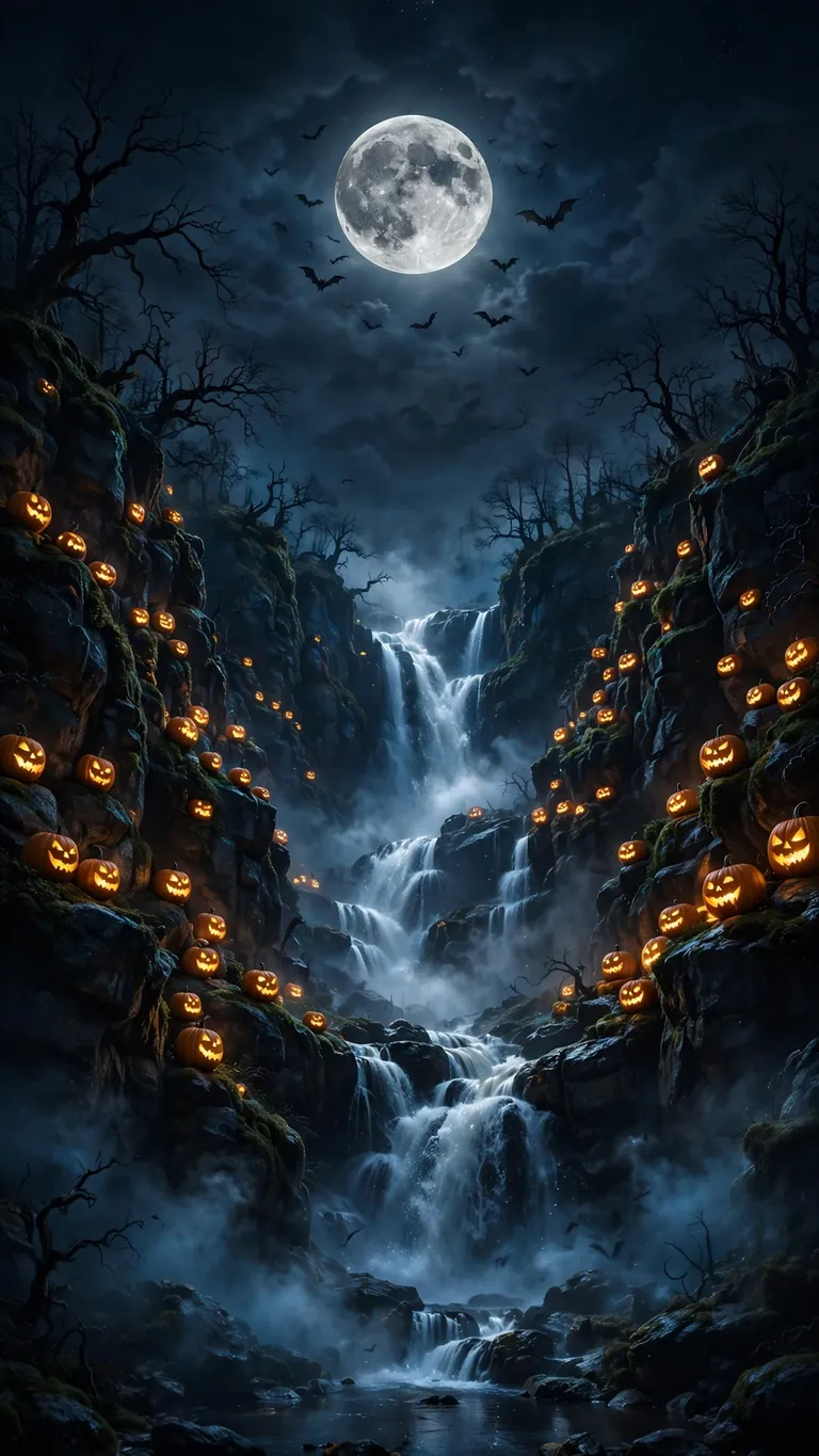 Free The Waterfall of Glowing Pumpkins Halloween phone wallpaper for download