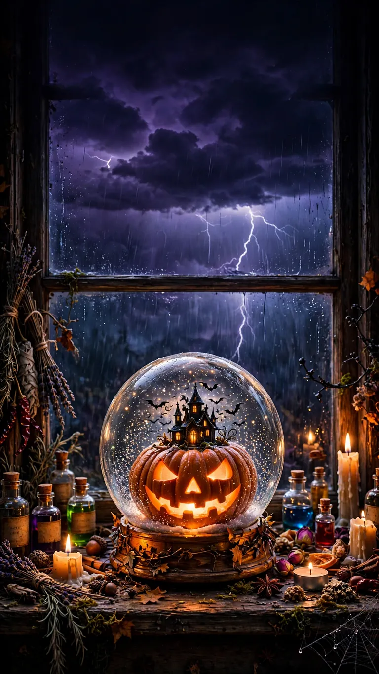 Free Jack-o'-Lantern Snow Globe on the Witch's Sill Halloween phone wallpaper for download