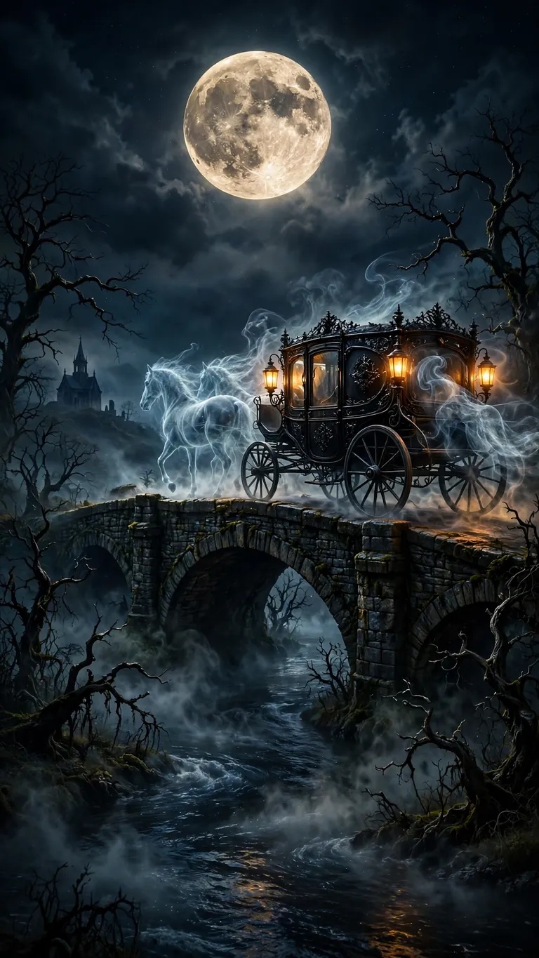 Free The Spectral Hearse on the Moonlit Bridge Halloween phone wallpaper for download